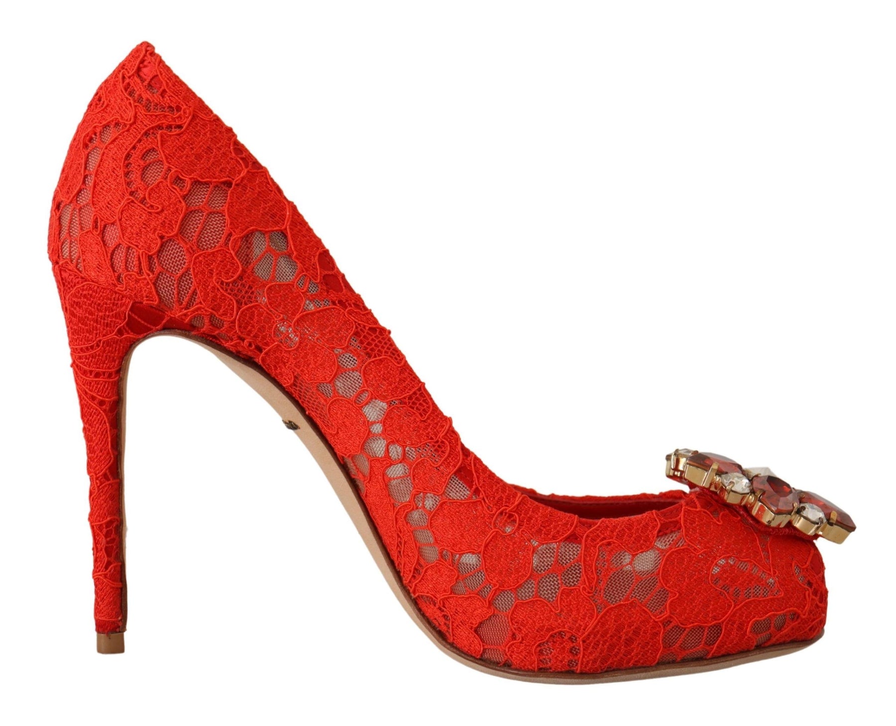 Dolce & Gabbana Red Taormina Lace Crystal Heels Pumps | Regal Royce