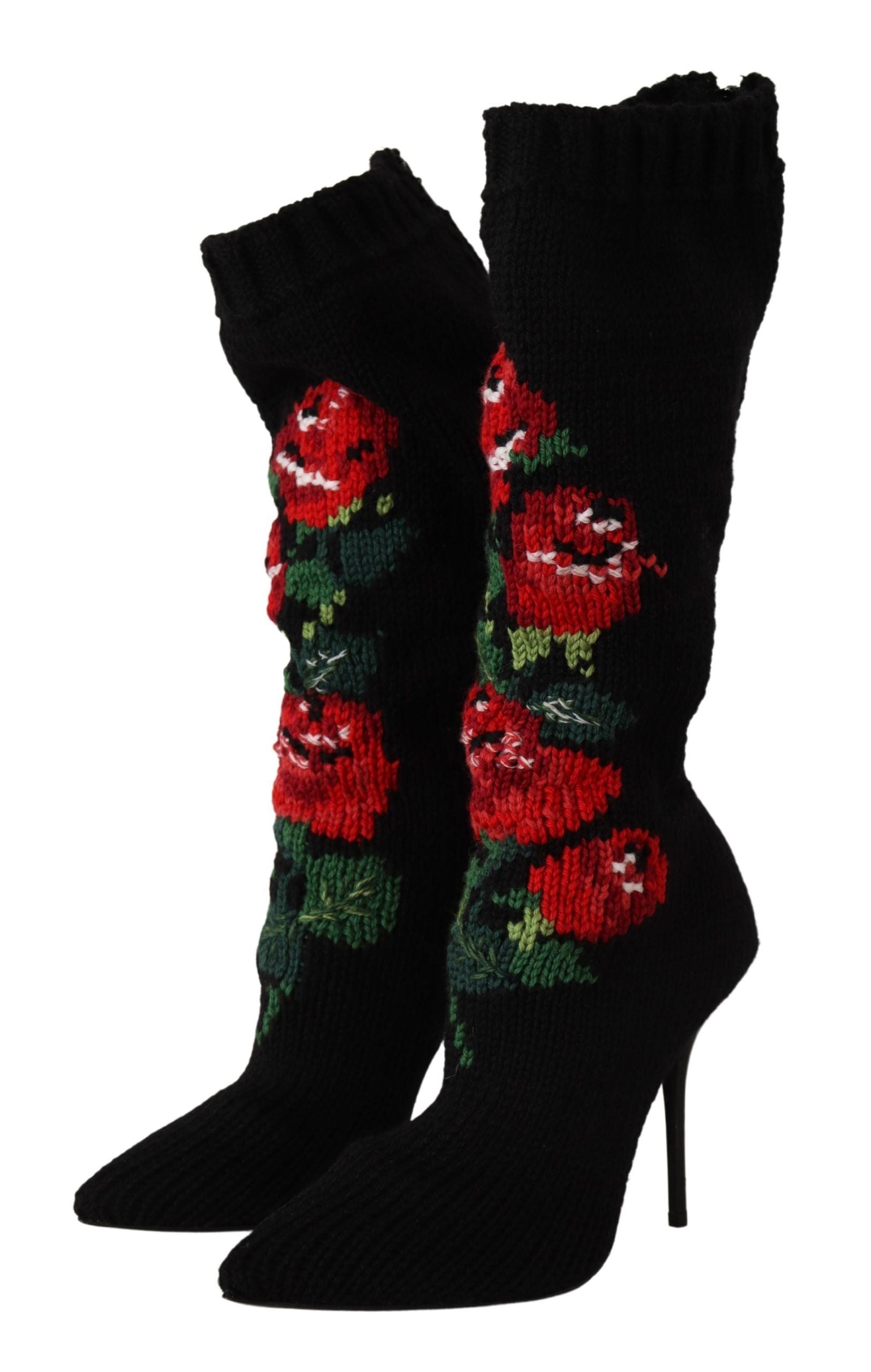 Dolce & Gabbana Black Stretch Socks Red Roses Booties Shoes | Regal Royce