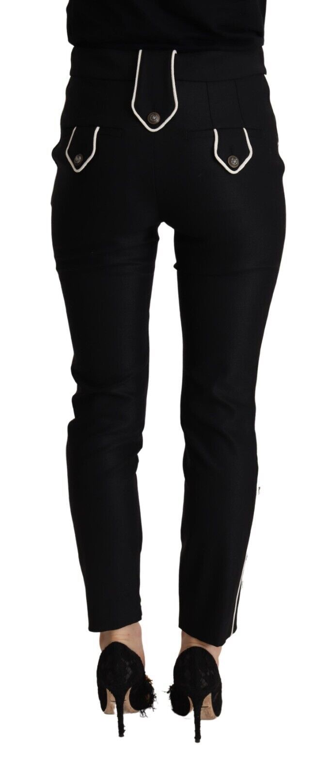 Dolce & Gabbana Black Mid Waist Button Embellished Slim Fit Pants | Regal Royce