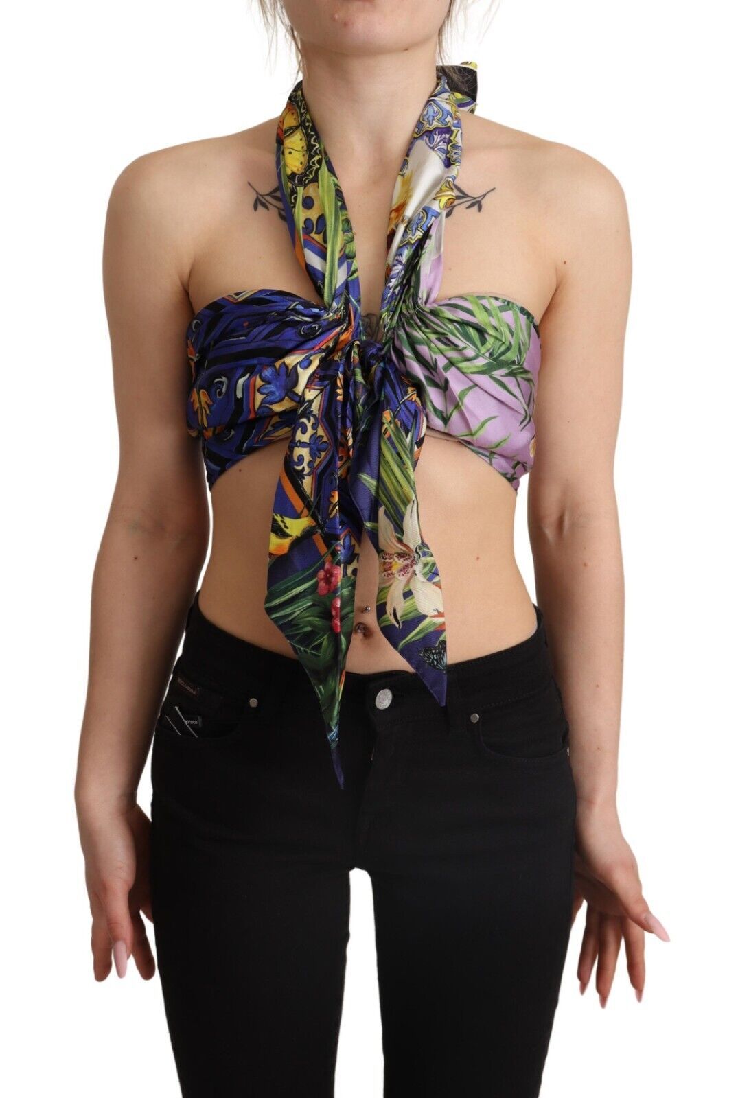 Dolce & Gabbana Multicolor Foulard Silk Halter Cropped Top | Regal Royce