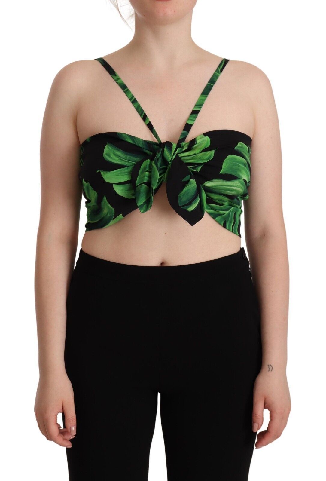 Dolce & Gabbana Black Green Leaf Silk Halter Cropped Top | Regal Royce