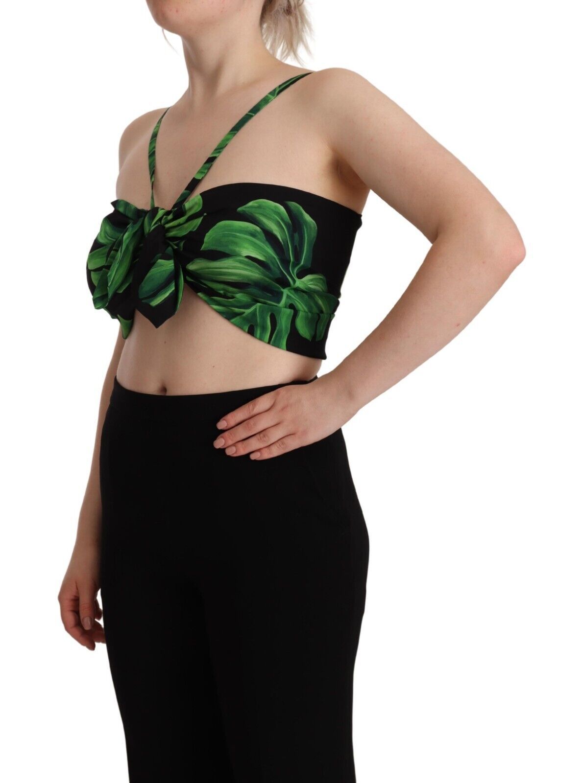 Dolce & Gabbana Black Green Leaf Silk Halter Cropped Top | Regal Royce