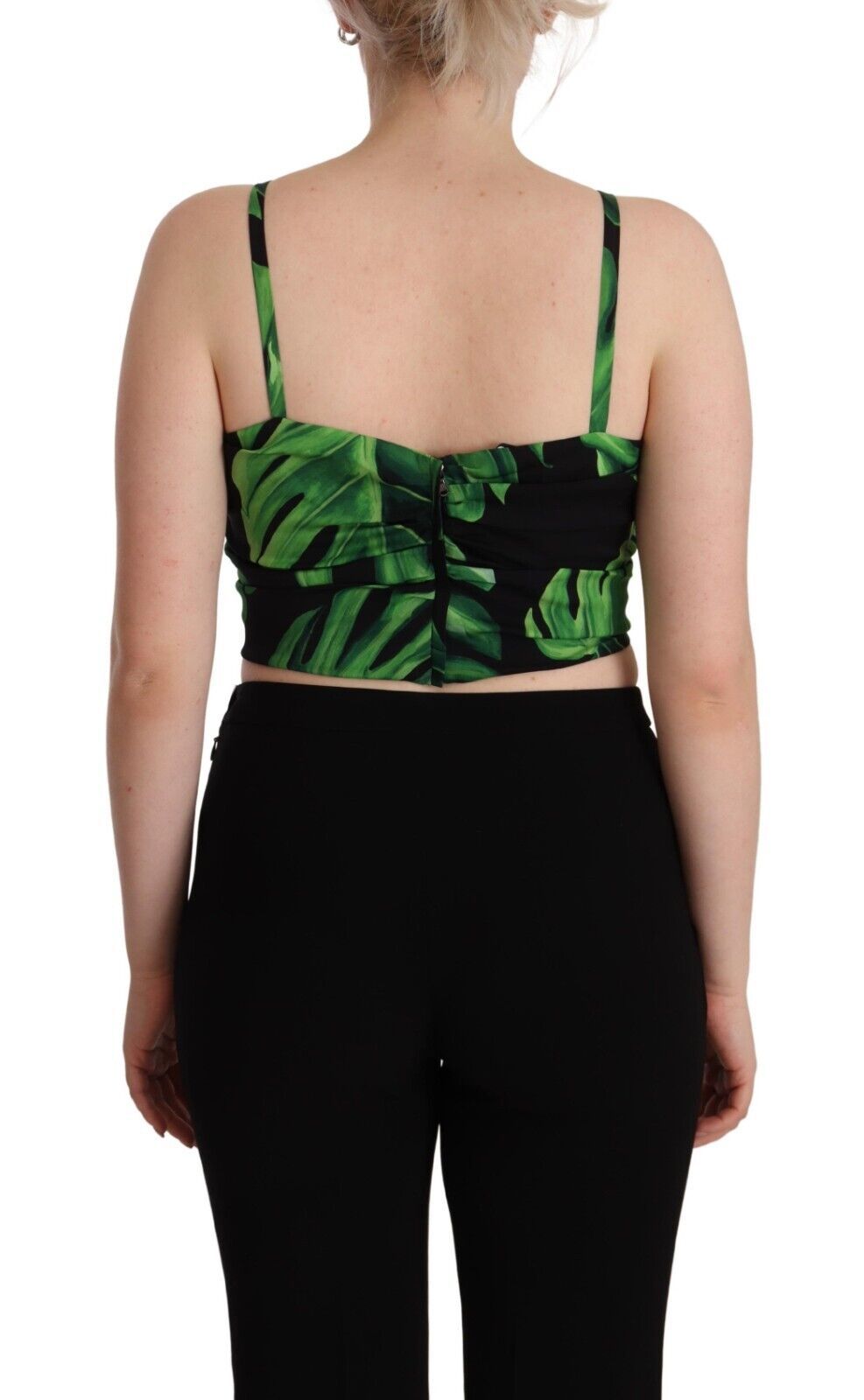 Dolce & Gabbana Black Green Leaf Silk Halter Cropped Top | Regal Royce