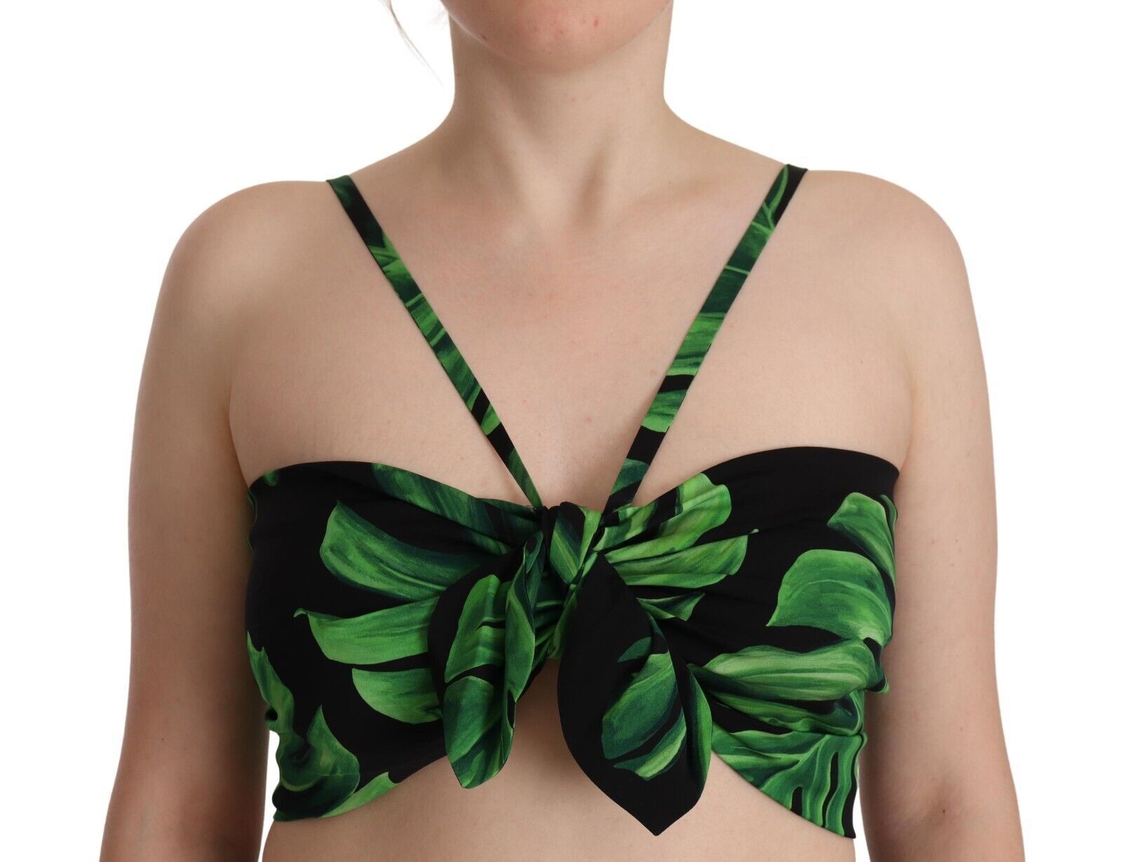 Dolce & Gabbana Black Green Leaf Silk Halter Cropped Top | Regal Royce