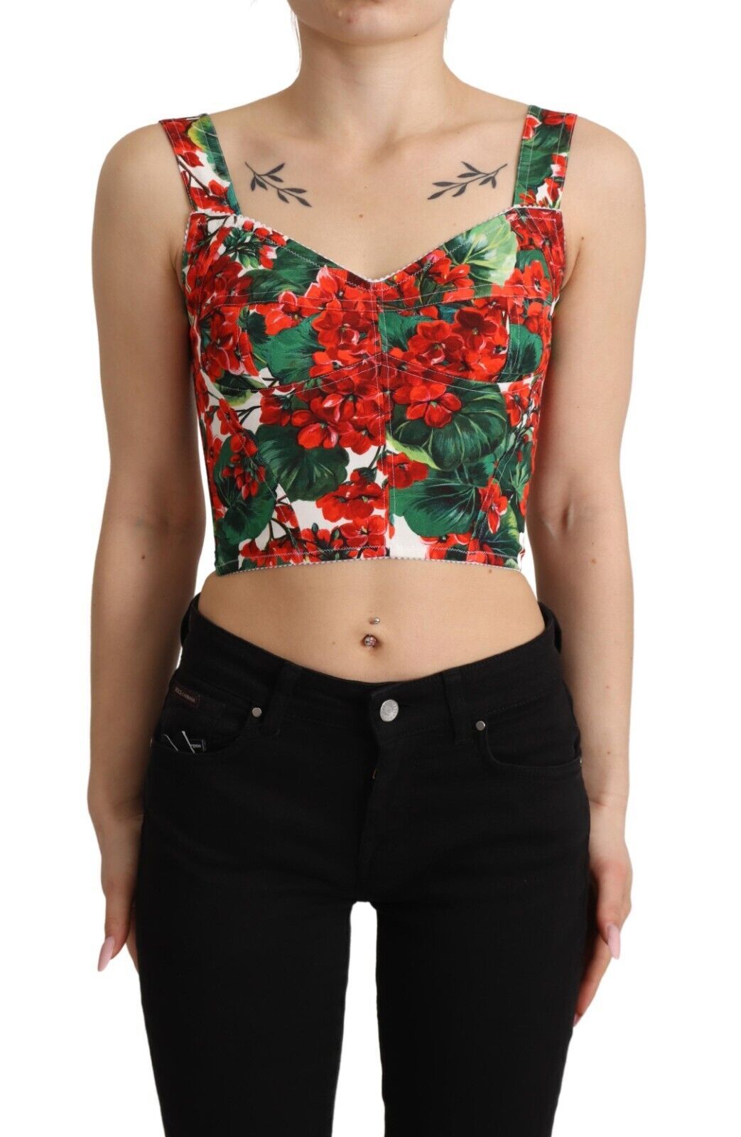 Dolce & Gabbana Red Geranium Print Viscose Sweetheart Cropped Top | Regal Royce