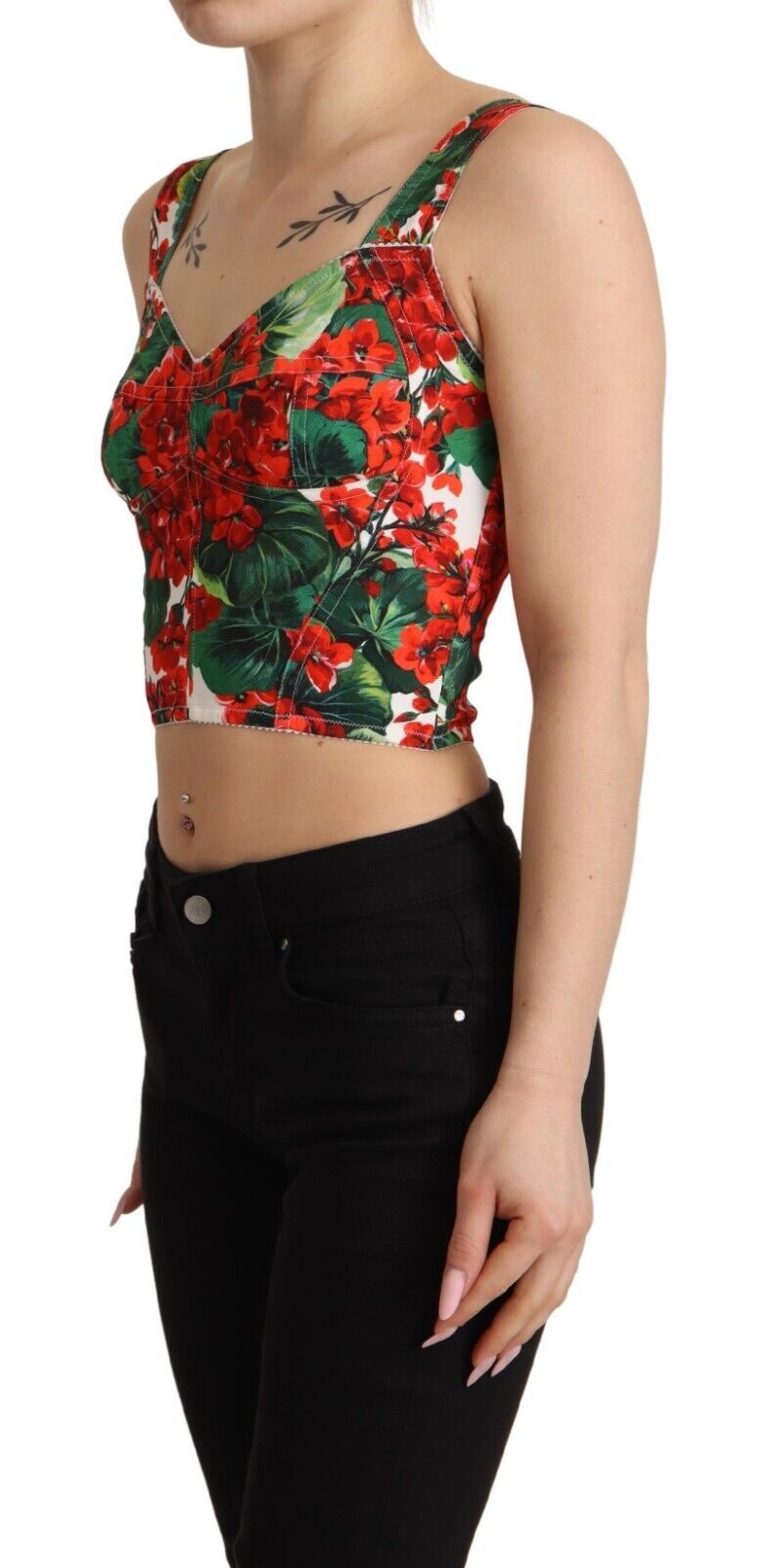 Dolce & Gabbana Red Geranium Print Viscose Sweetheart Cropped Top | Regal Royce