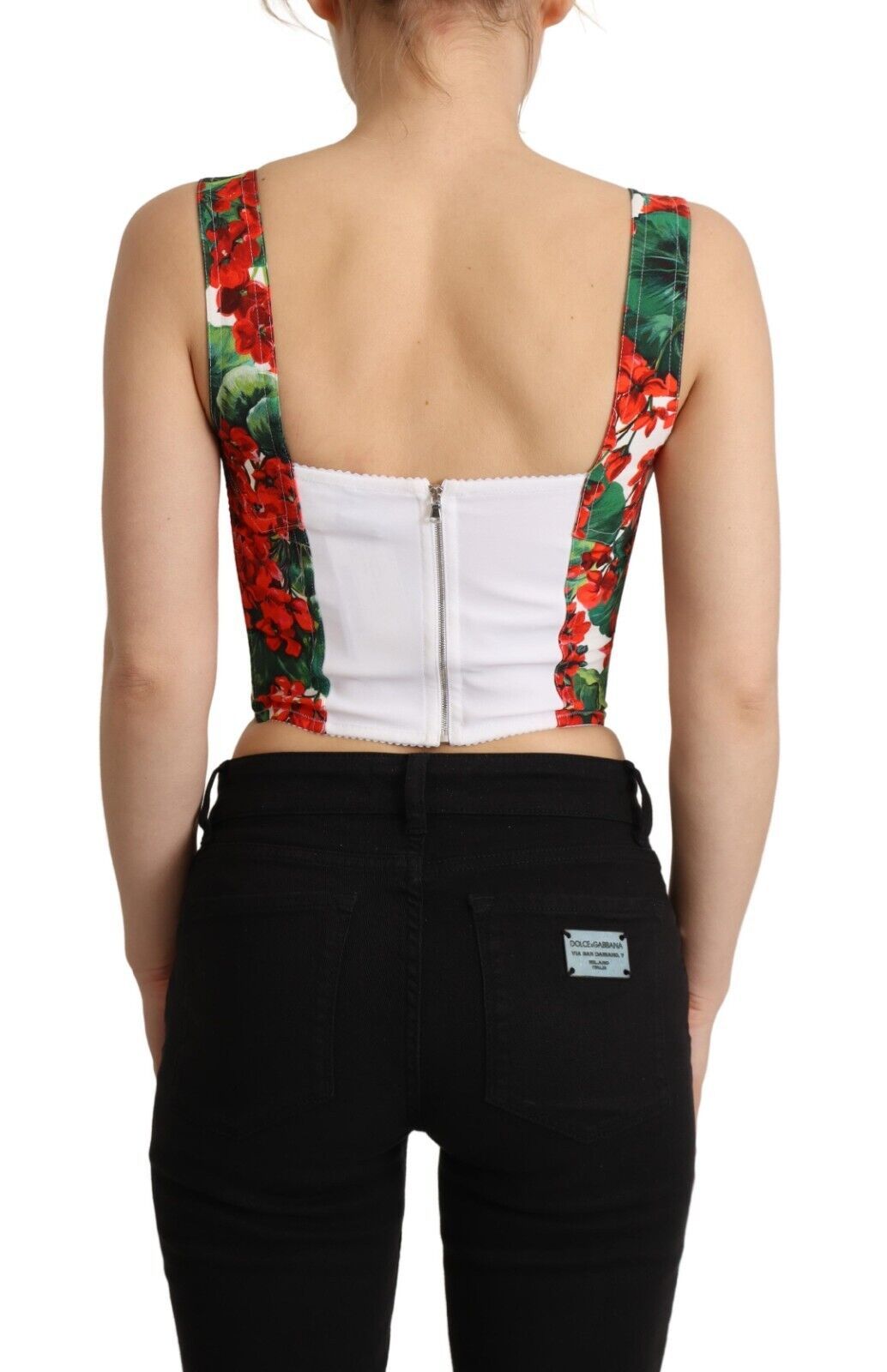 Dolce & Gabbana Red Geranium Print Viscose Sweetheart Cropped Top | Regal Royce