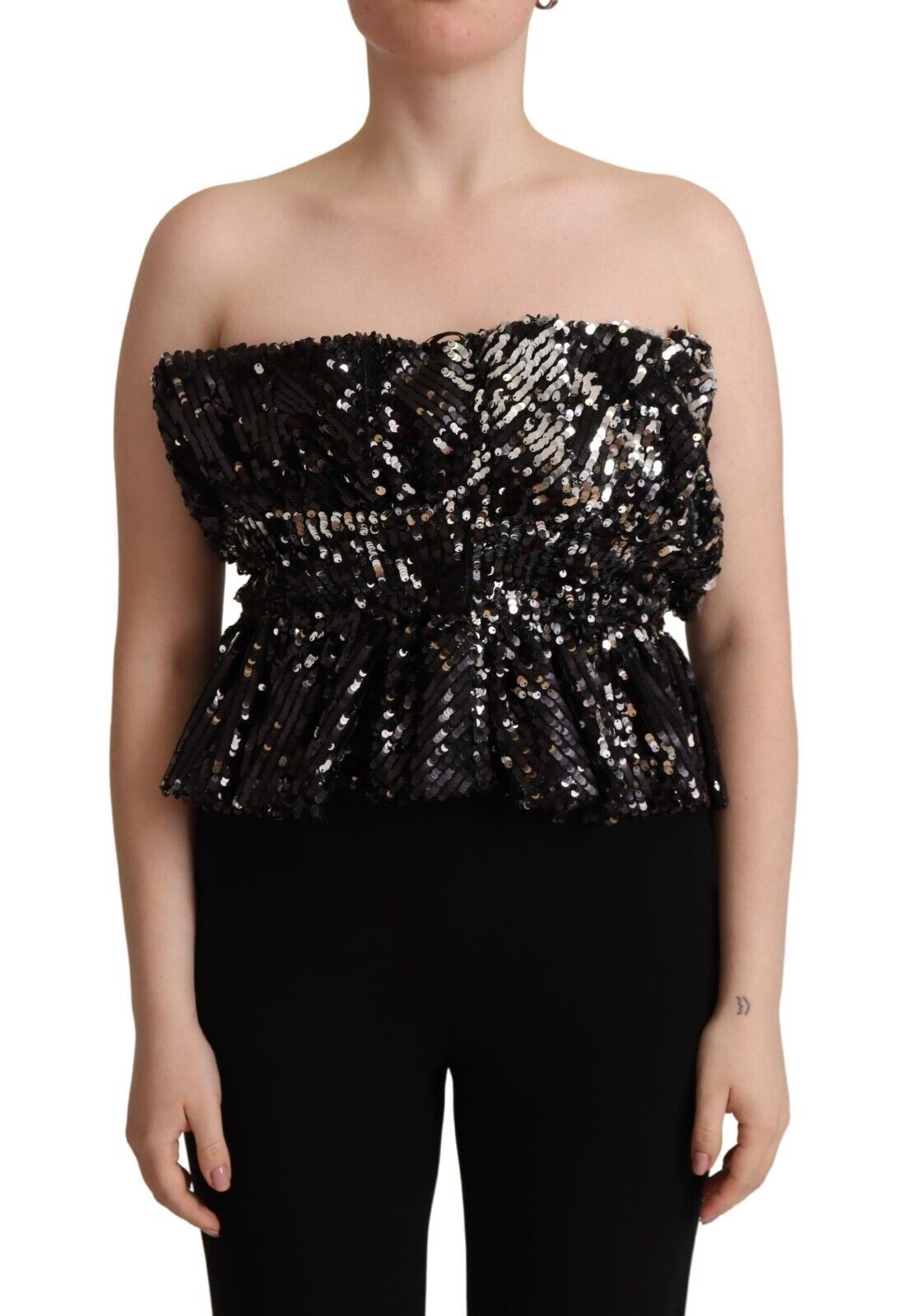 Aniye By Black Sequined Polyester Strapless Cocktail Blouse Top | Regal Royce