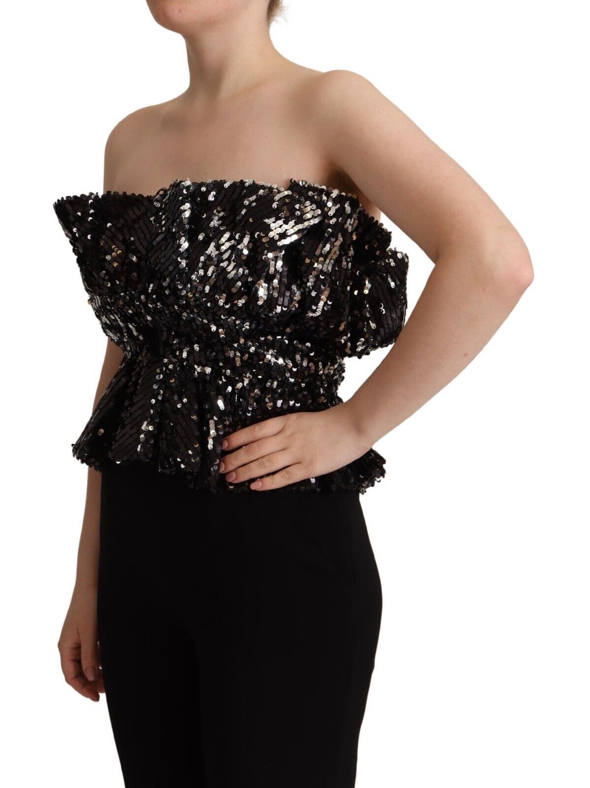 Aniye By Black Sequined Polyester Strapless Cocktail Blouse Top | Regal Royce