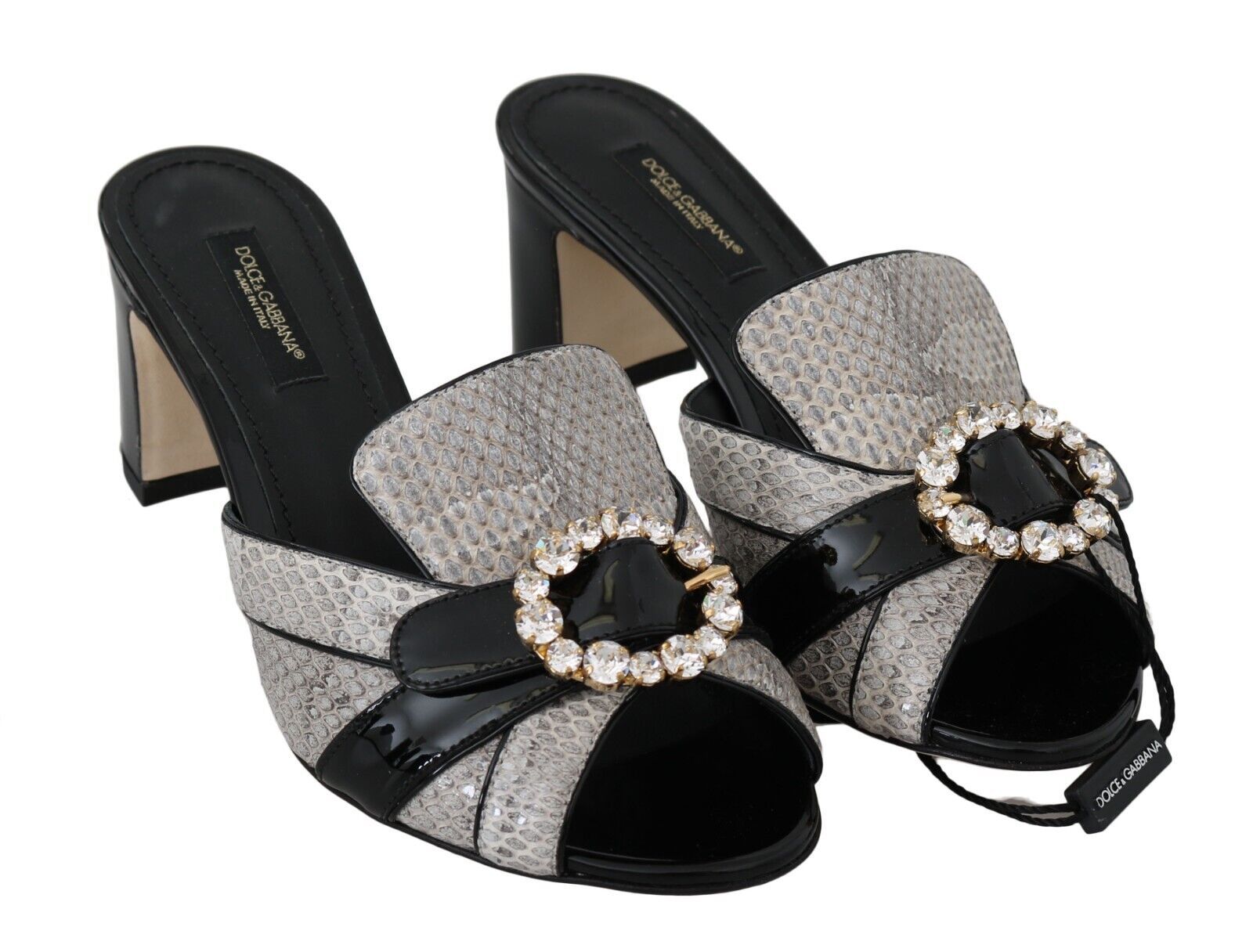 Dolce & Gabbana Black Gray Exotic Leather Crystals Sandals Shoes | Regal Royce