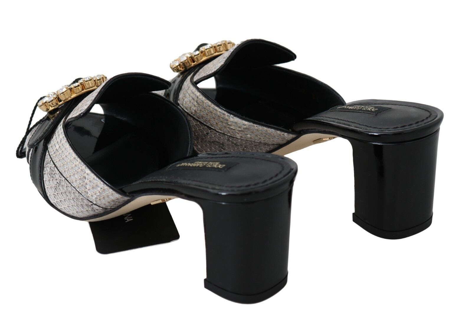 Dolce & Gabbana Black Gray Exotic Leather Crystals Sandals Shoes | Regal Royce