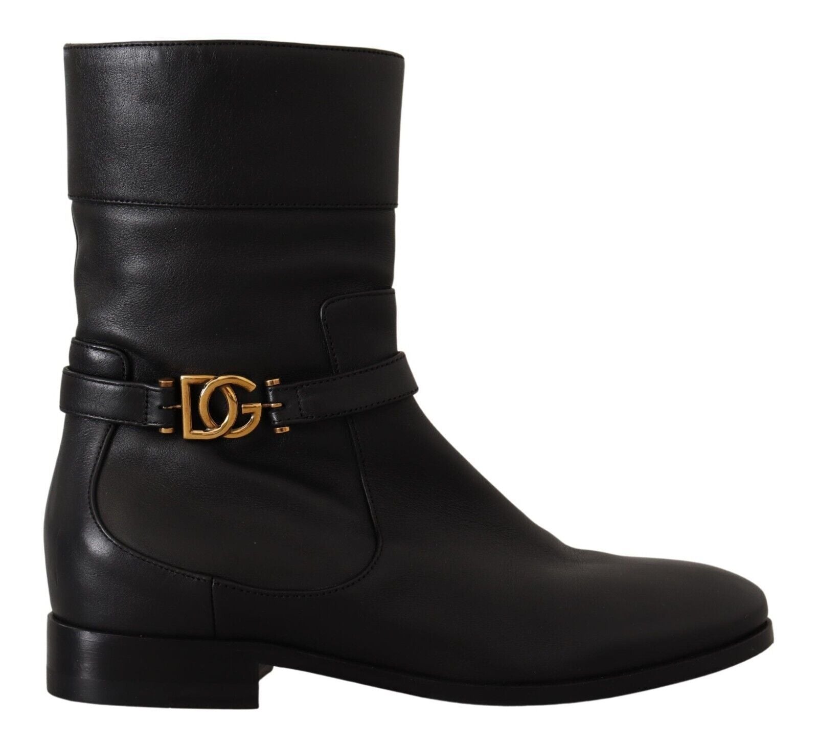 Dolce & Gabbana Black Leather Flats Logo Short Boots Shoes | Regal Royce