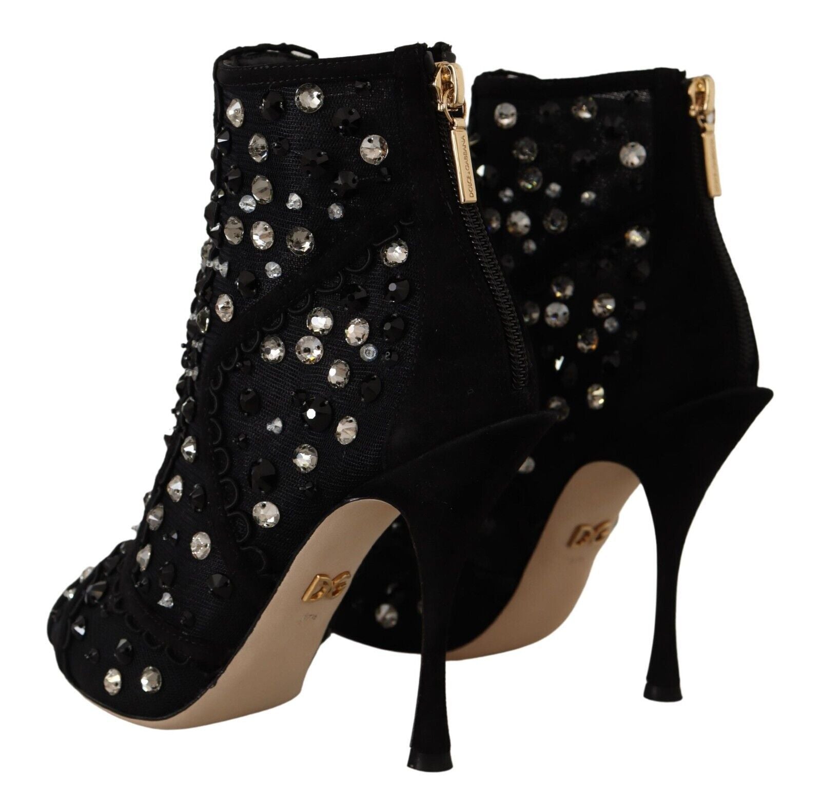 Dolce & Gabbana Black Crystals Heels Zipper Short Boots Shoes | Regal Royce