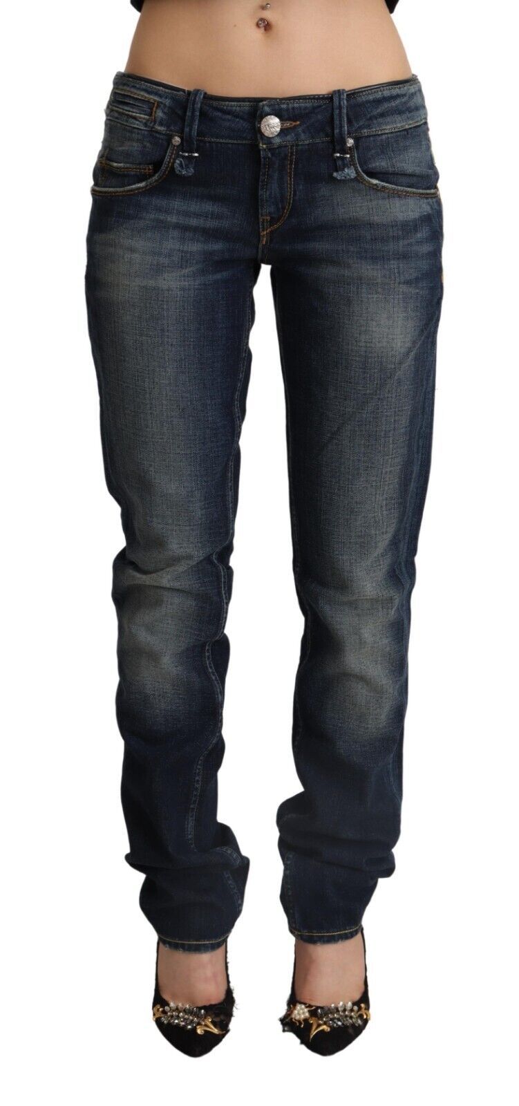 Acht Dark Blue Washed Cotton Skinny Denim Low Waist Jeans | Regal Royce