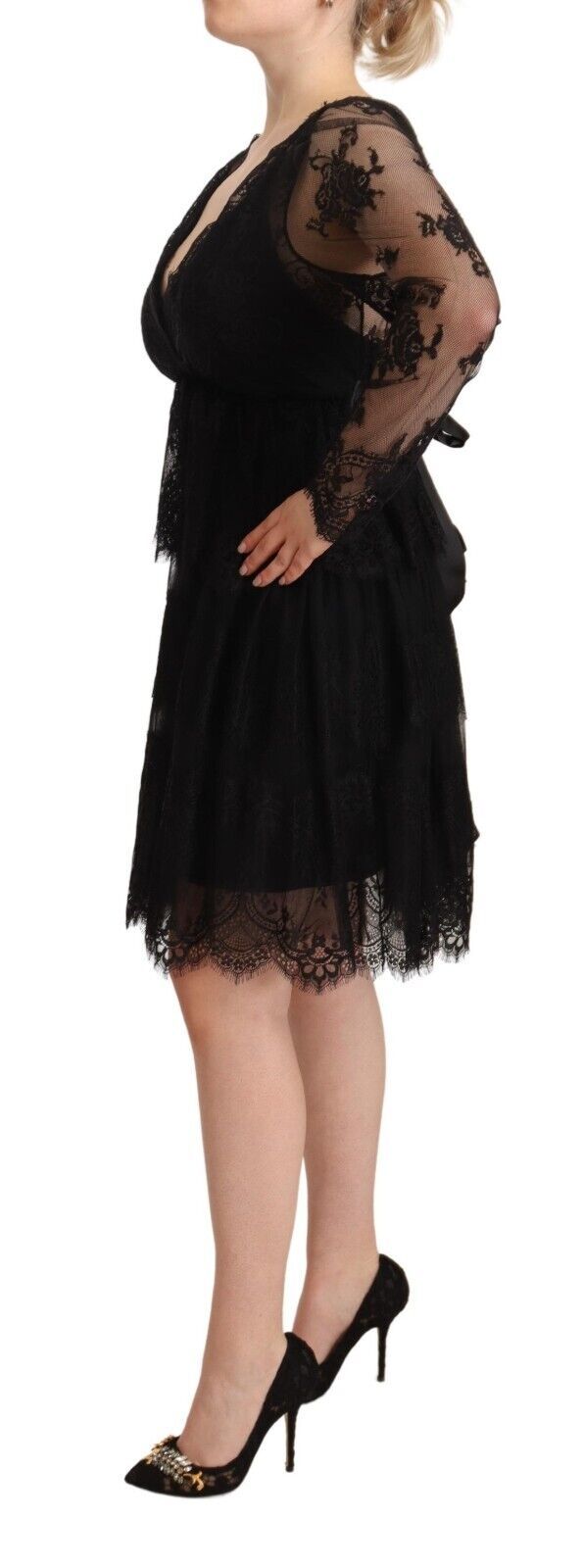 Aniye By Black Floral Lace Cotton Long Sleeves V-neck Shift Dress | Regal Royce
