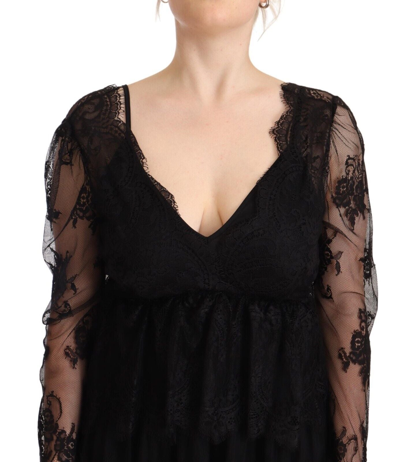 Aniye By Black Floral Lace Cotton Long Sleeves V-neck Shift Dress | Regal Royce