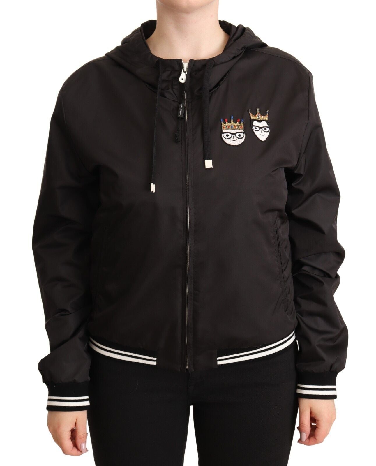Dolce & Gabbana Black Polyester Hooded Bomber Full Zip Jacket | Regal Royce
