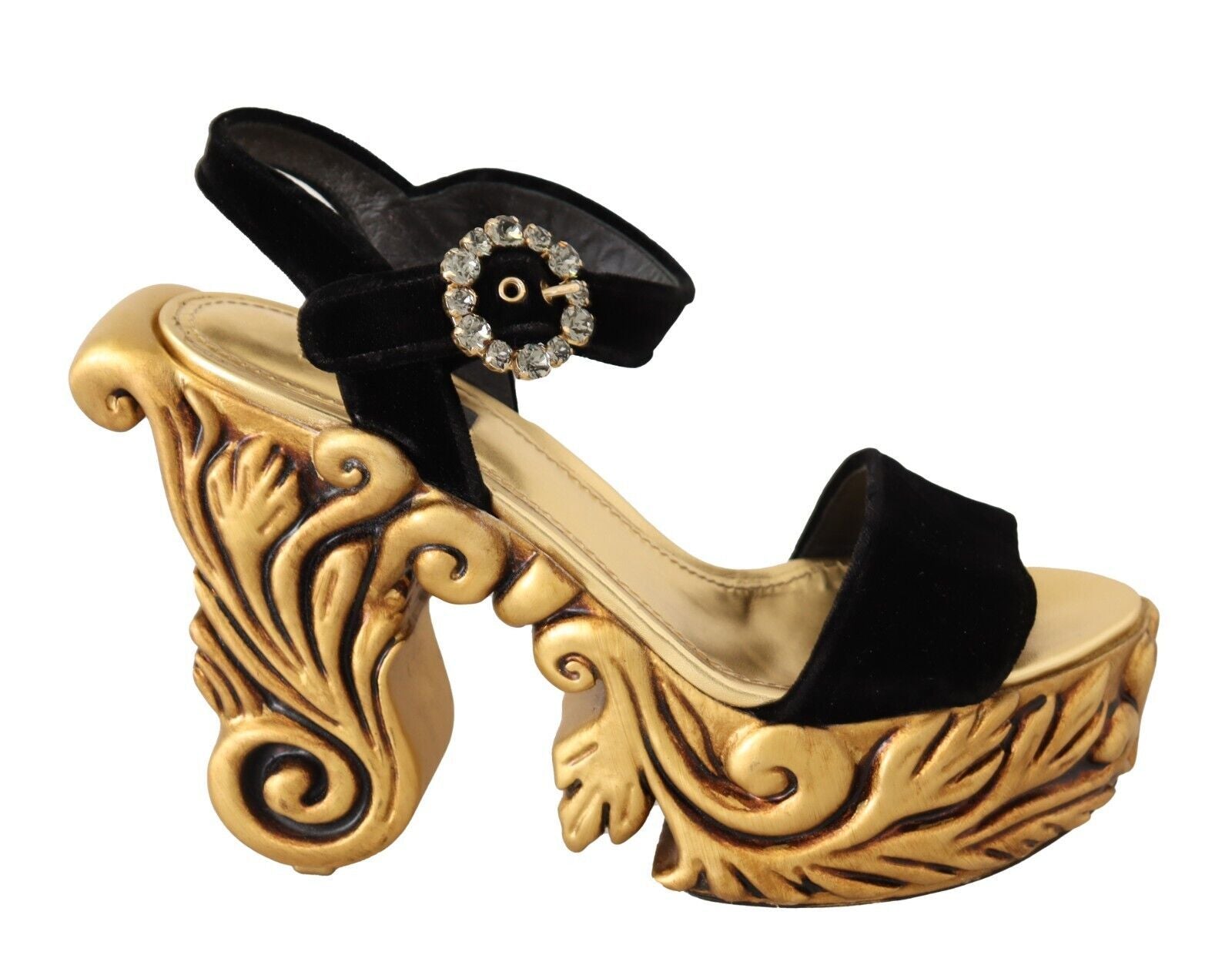 Dolce & Gabbana Black Gold Baroque Velvet Heels Crystal Shoes | Regal Royce