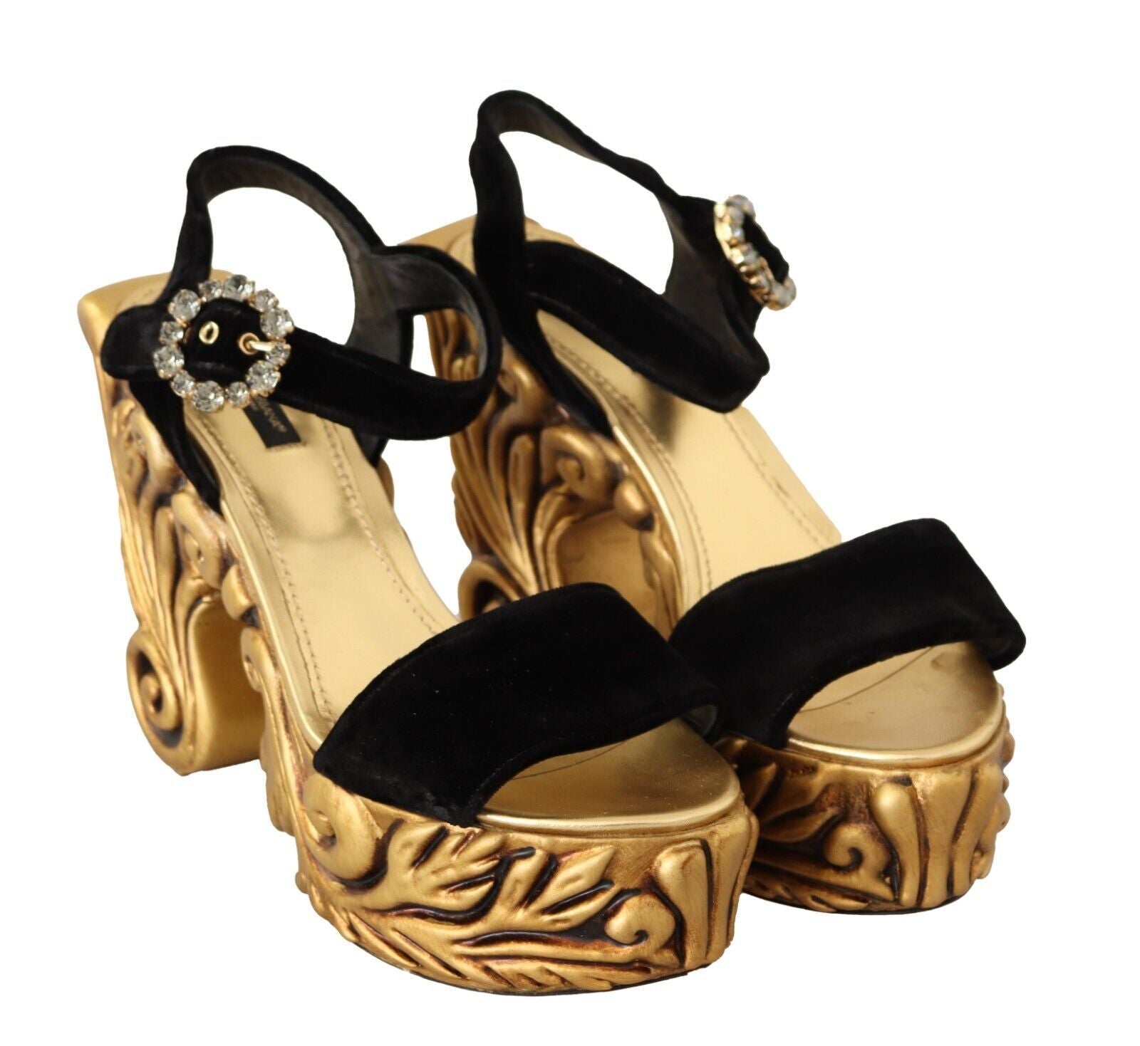 Dolce & Gabbana Black Gold Baroque Velvet Heels Crystal Shoes | Regal Royce