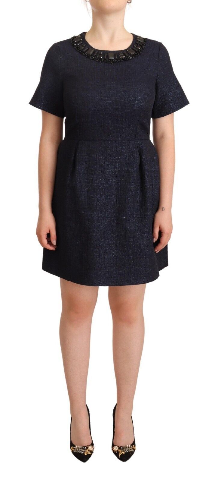 L'Autre Chose Black Embellished Short Sleeves Mini A-line Dress | Regal Royce