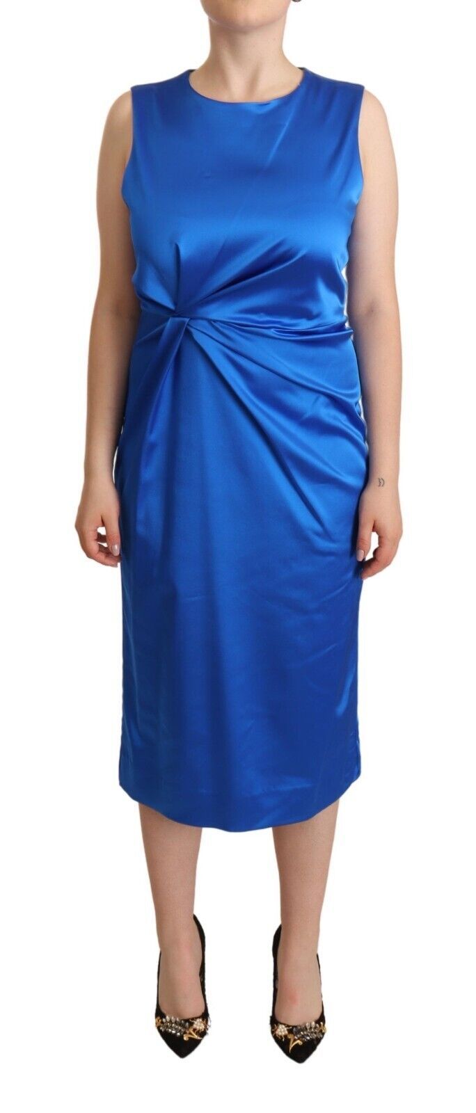 P.A.R.O.S.H. Blue Acetate Sleeveless Pleated Midi Sheath Dress | Regal Royce