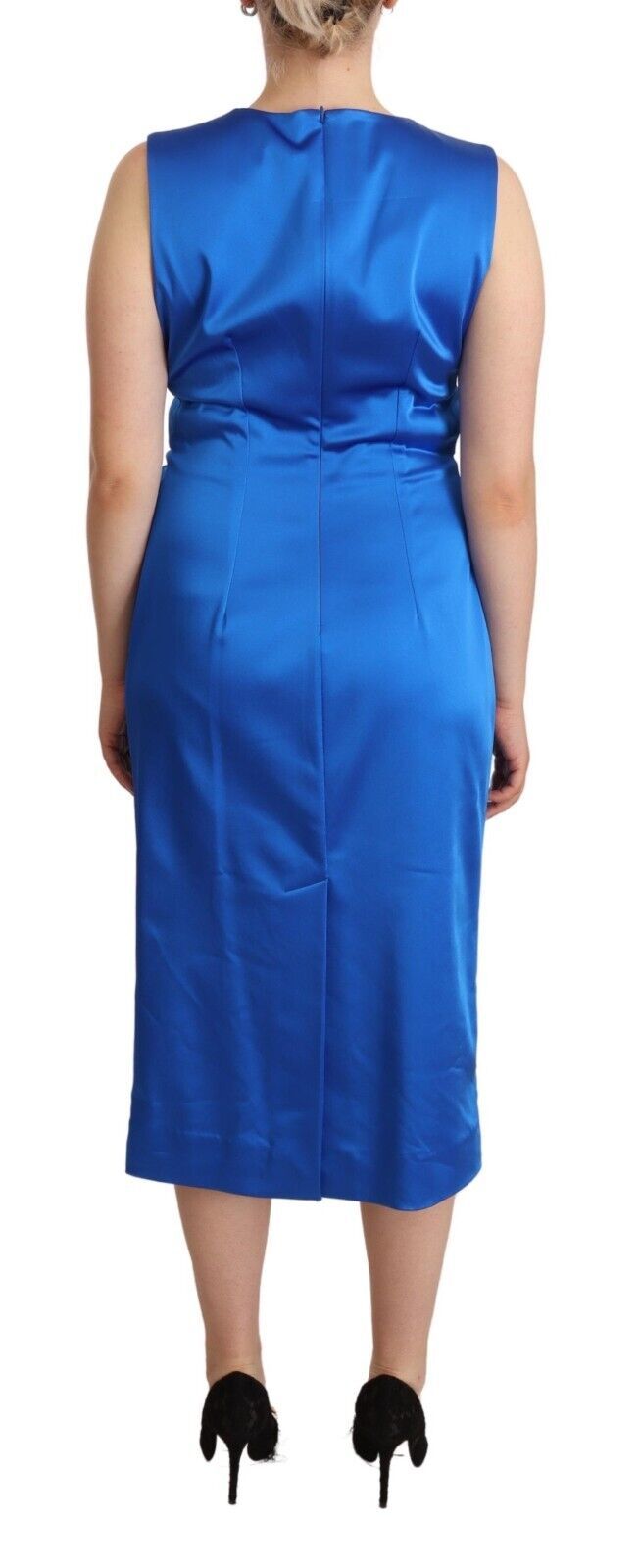 P.A.R.O.S.H. Blue Acetate Sleeveless Pleated Midi Sheath Dress | Regal Royce