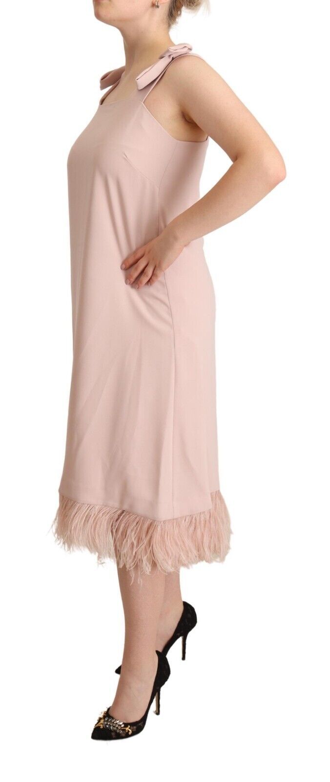 P.A.R.O.S.H. Pink Polyester Sleeveless Midi Feather Shift Dress | Regal Royce
