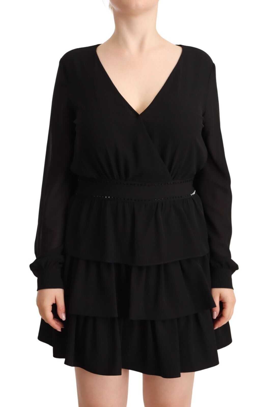 Liu Jo Black Polyester Long Sleeves V-neck Mini A-line Dress | Regal Royce