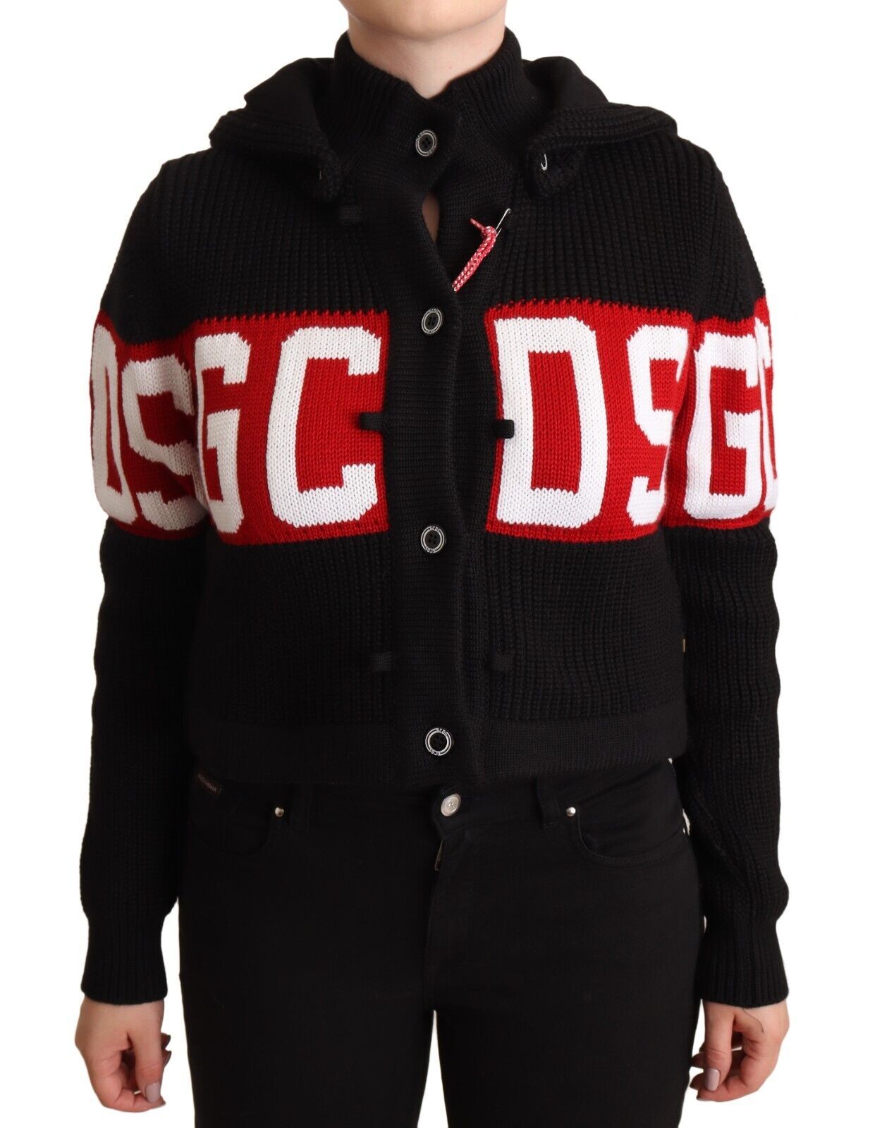 GCDS Black Cashmere Hooded Button Down Logo Cardigan Jacket | Regal Royce