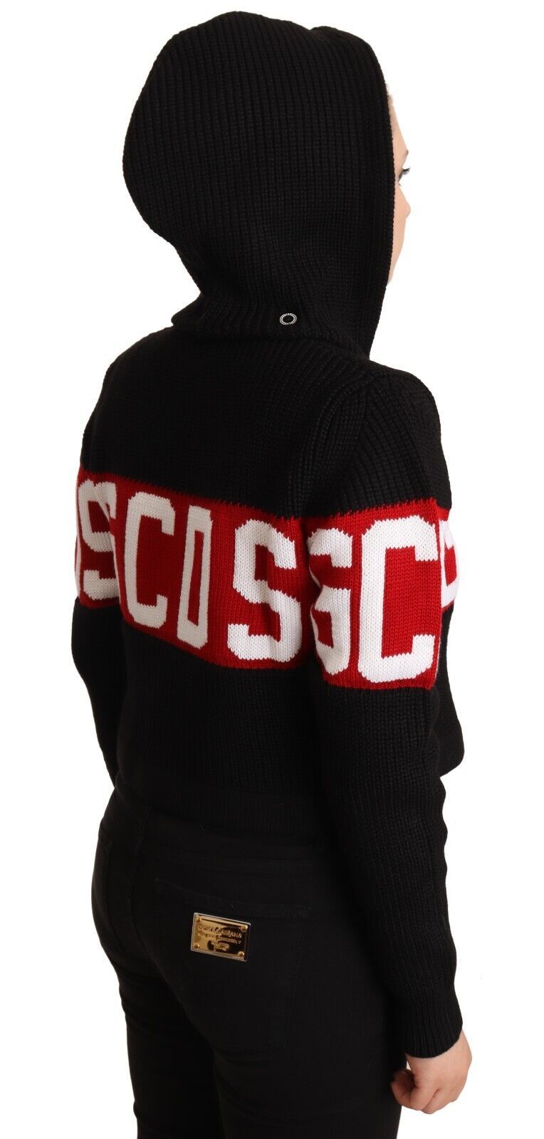 GCDS Black Cashmere Hooded Button Down Logo Cardigan Jacket | Regal Royce