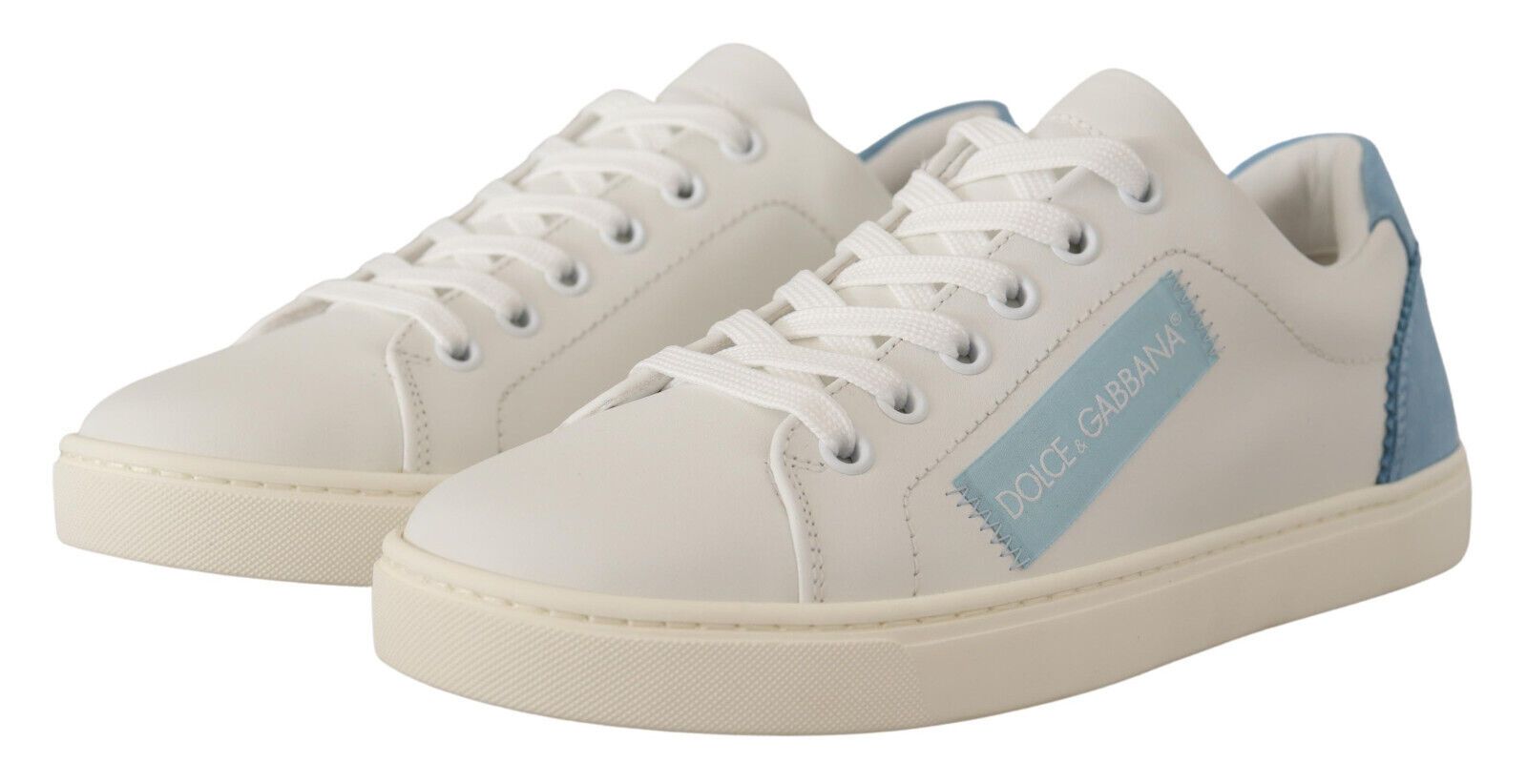 Dolce & Gabbana White Blue Leather Low Top Sneakers Shoes | Regal Royce