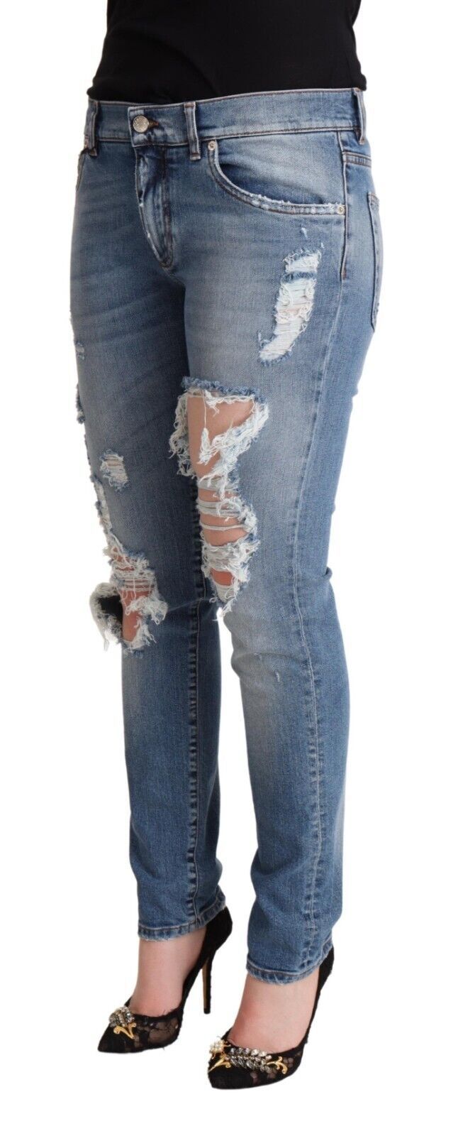 Dolce & Gabbana Blue Distressed Cotton Denim Skinny Jeans | Regal Royce