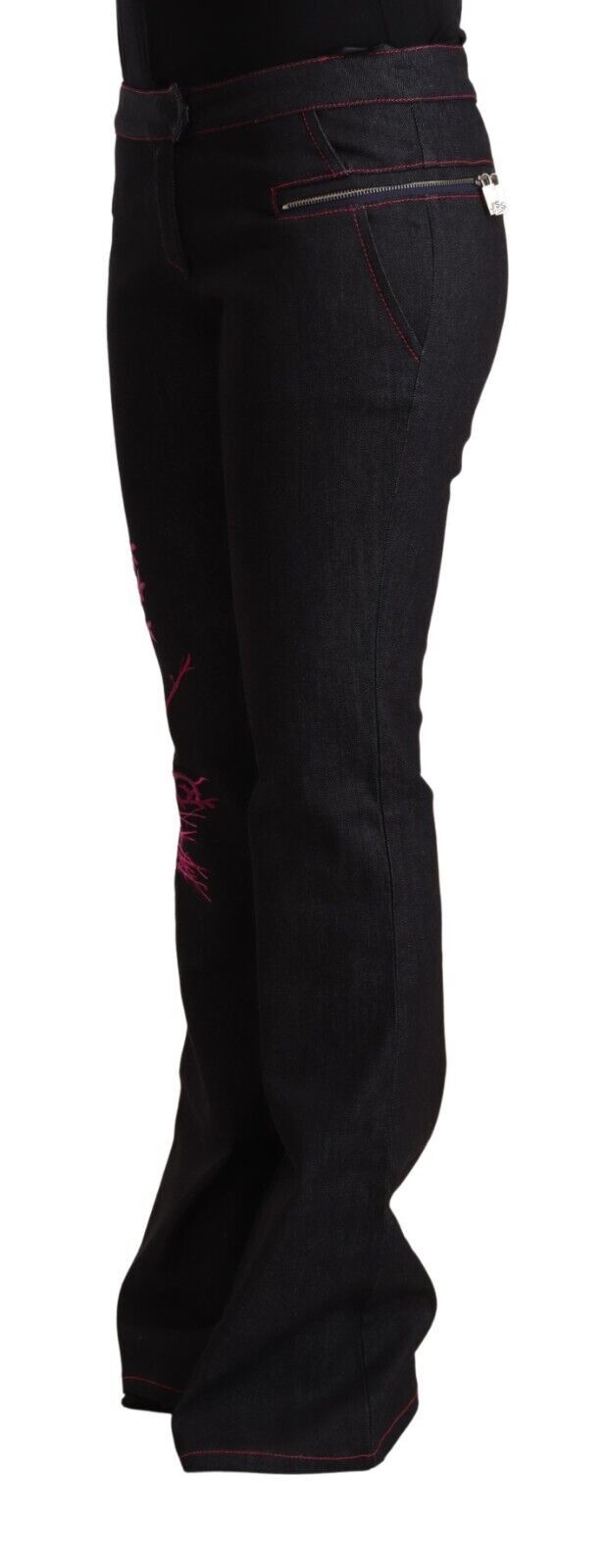 Exte Black Cotton Stretch Mid Waist Cotton Flared Denim Jeans | Regal Royce