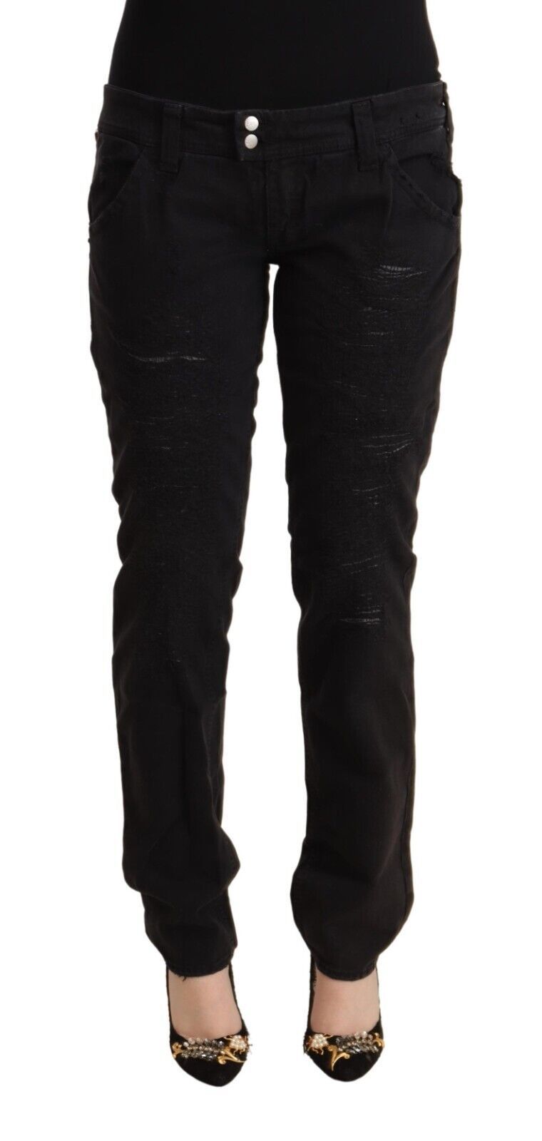 CYCLE Black Cotton Distressed Low Waist Slim Fit Denim Jeans | Regal Royce