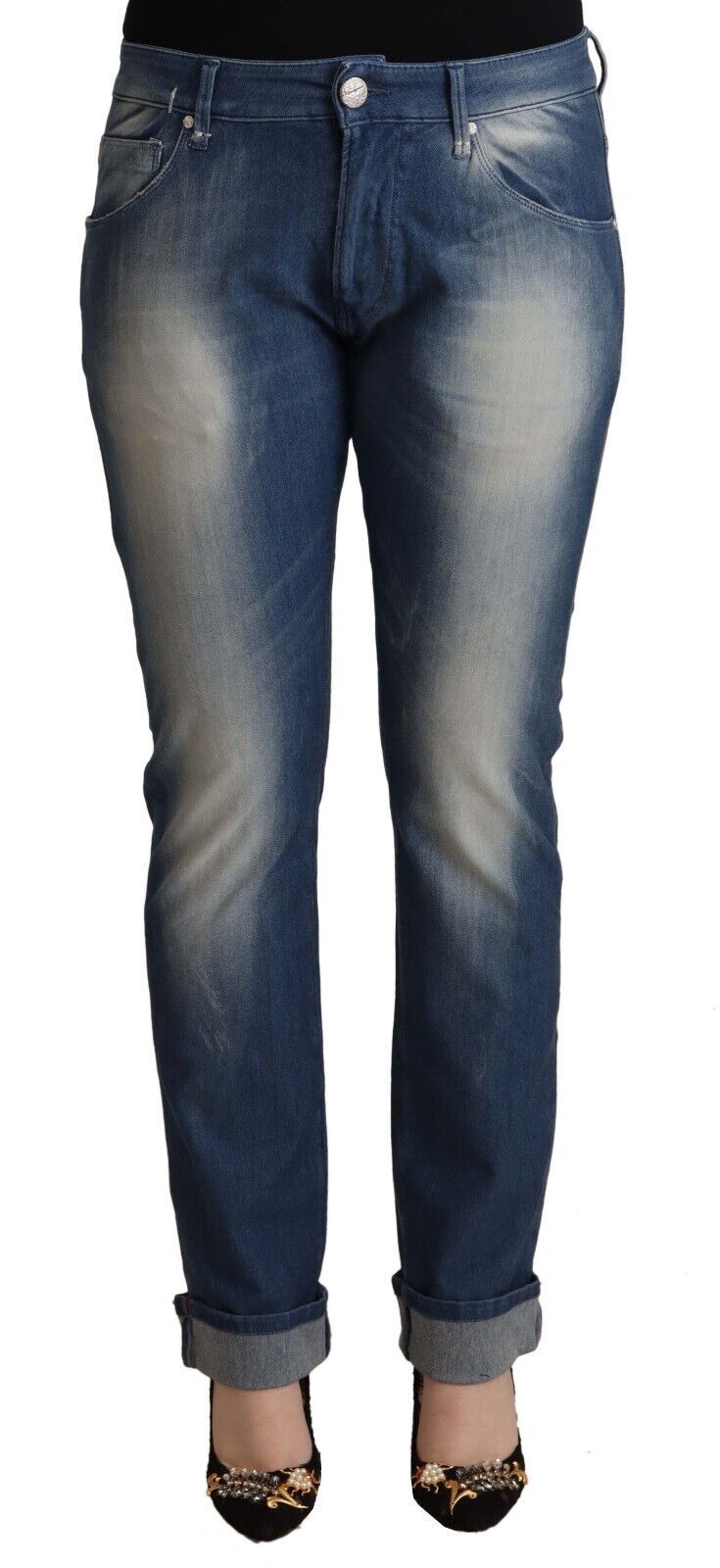 Acht Blue Washed Mid Waist Folded Hem Skinny Jeans | Regal Royce