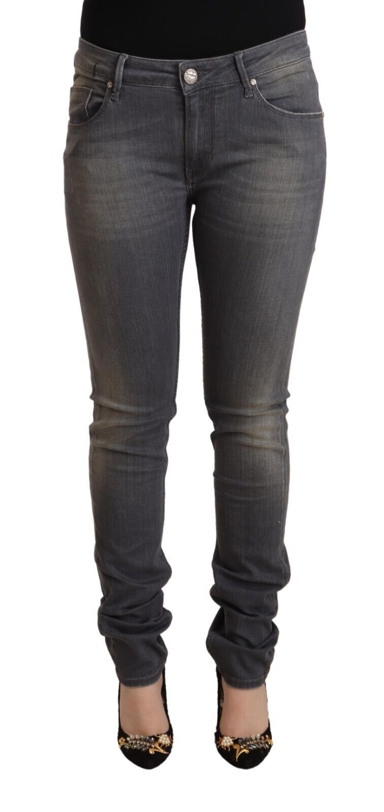 Acht Dark Gray Washed Cotton Denim Skinny Jeans | Regal Royce