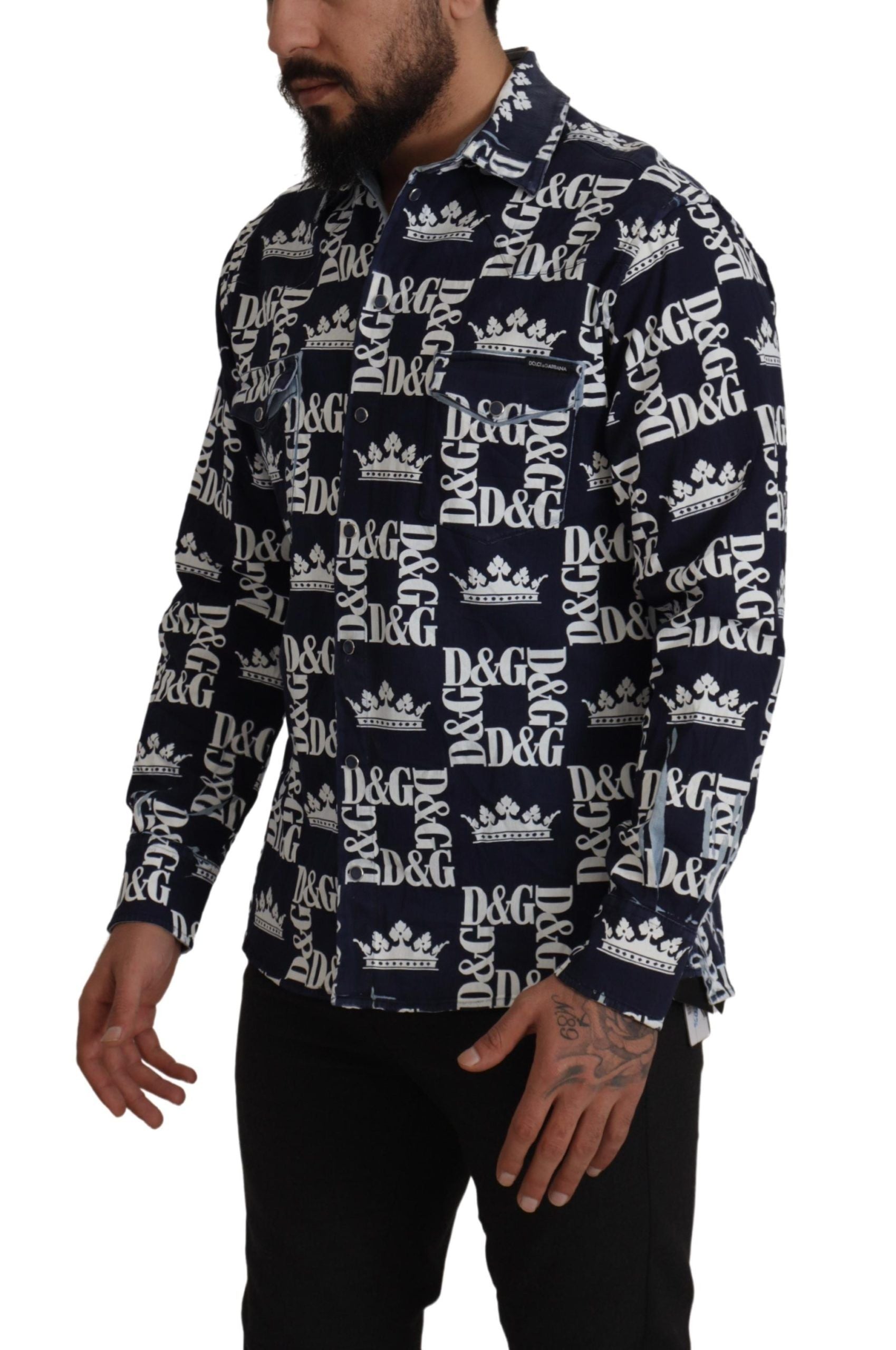Dolce & Gabbana Blue Denim Stretch DG Crown Logo Casual Shirt | Regal Royce