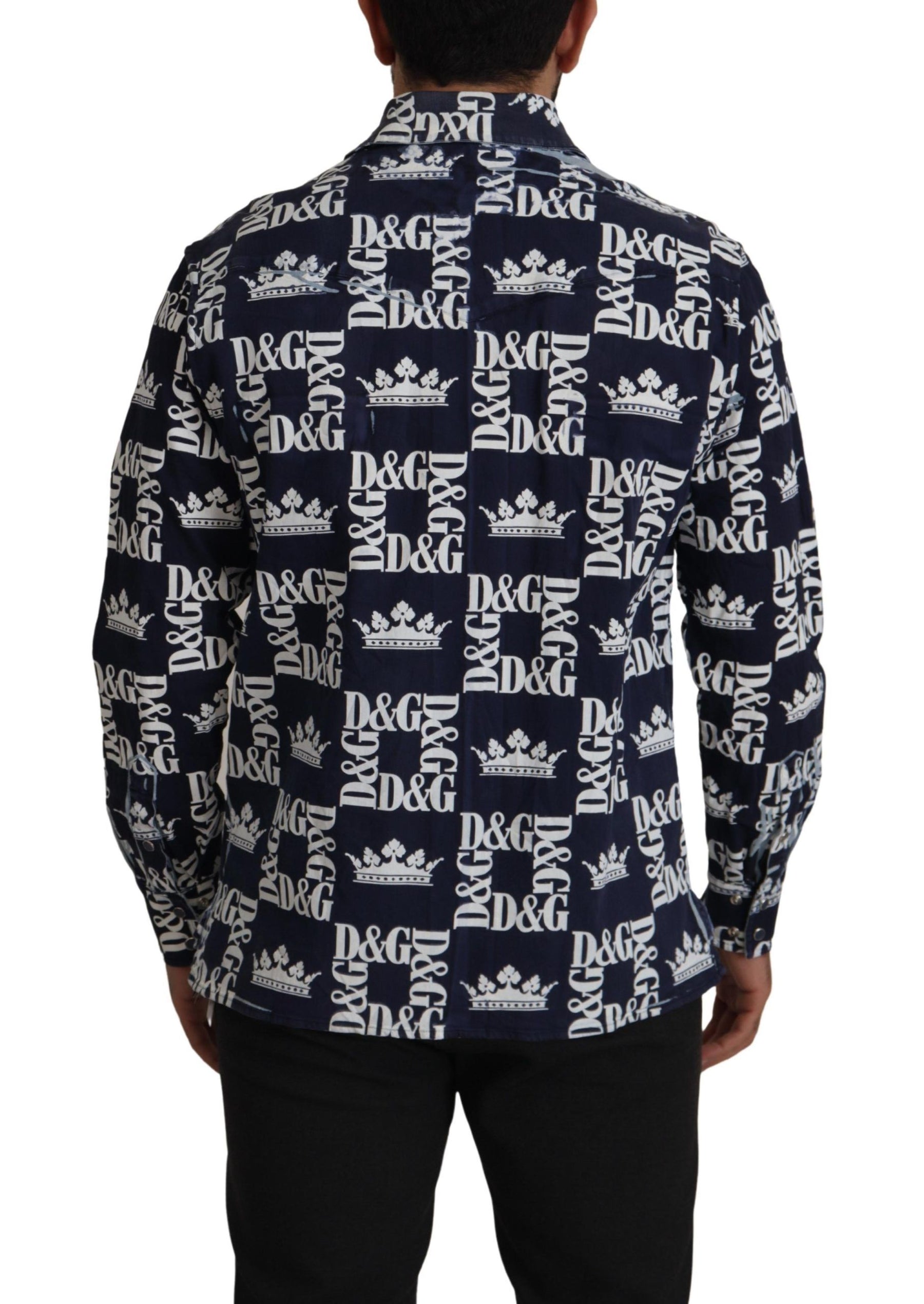 Dolce & Gabbana Blue Denim Stretch DG Crown Logo Casual Shirt | Regal Royce