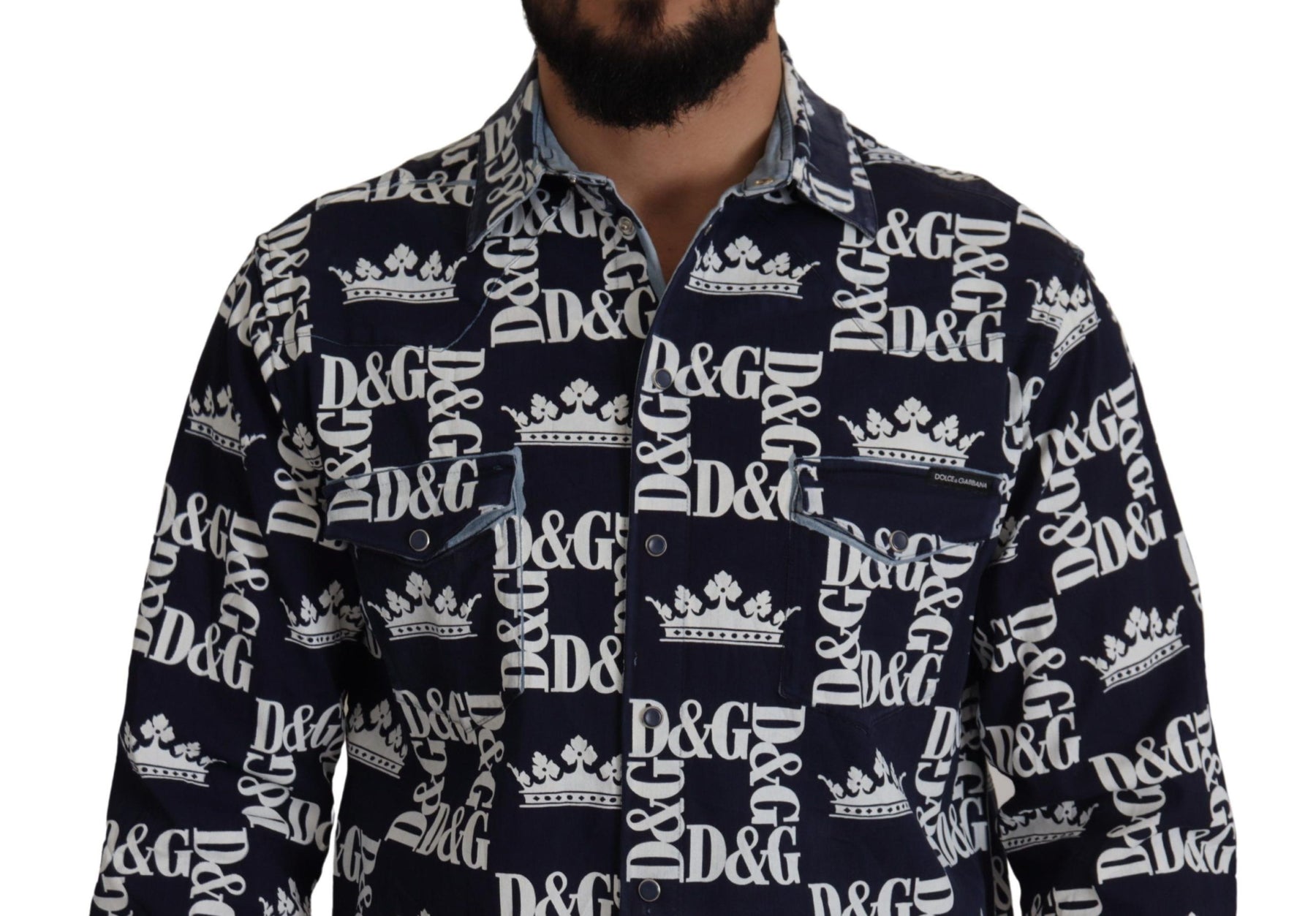 Dolce & Gabbana Blue Denim Stretch DG Crown Logo Casual Shirt | Regal Royce