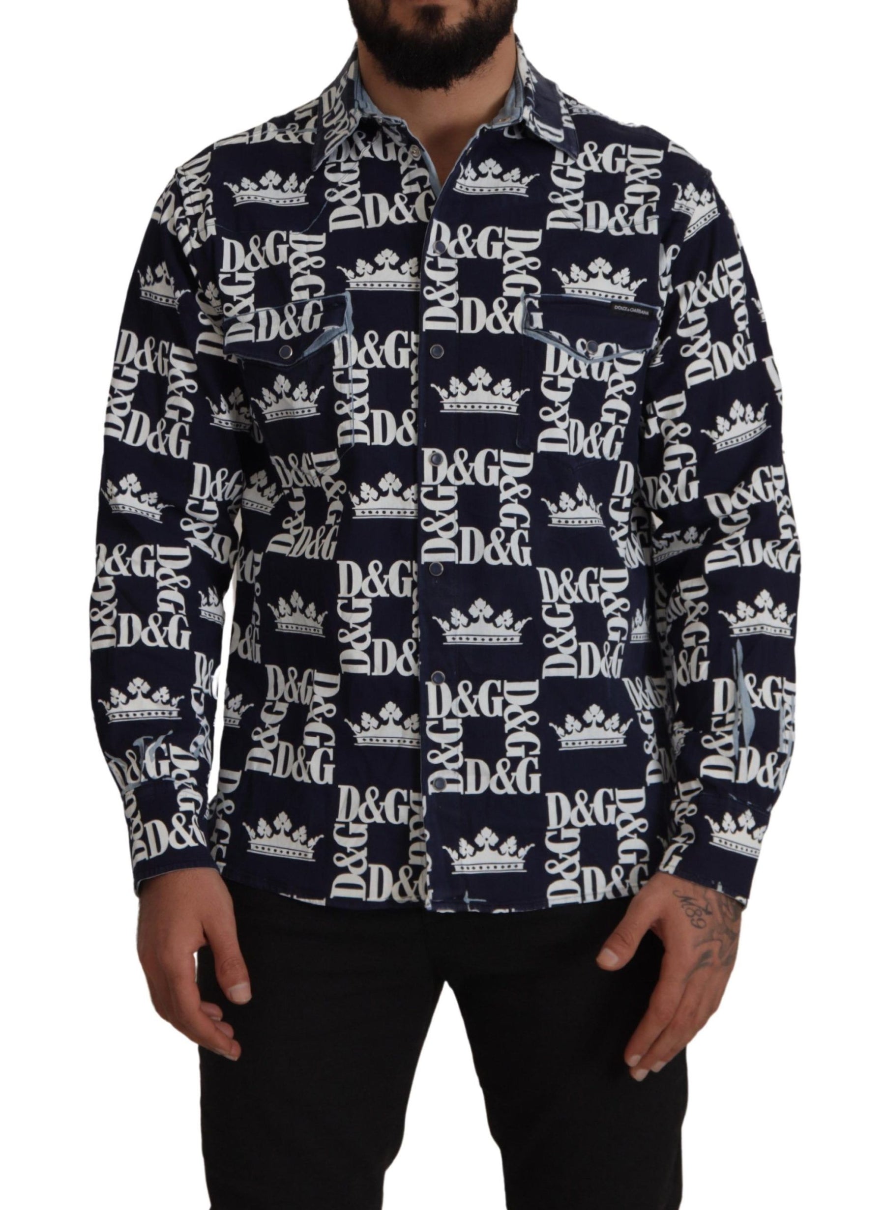 Dolce & Gabbana Blue Denim Stretch DG Crown Logo Casual Shirt | Regal Royce