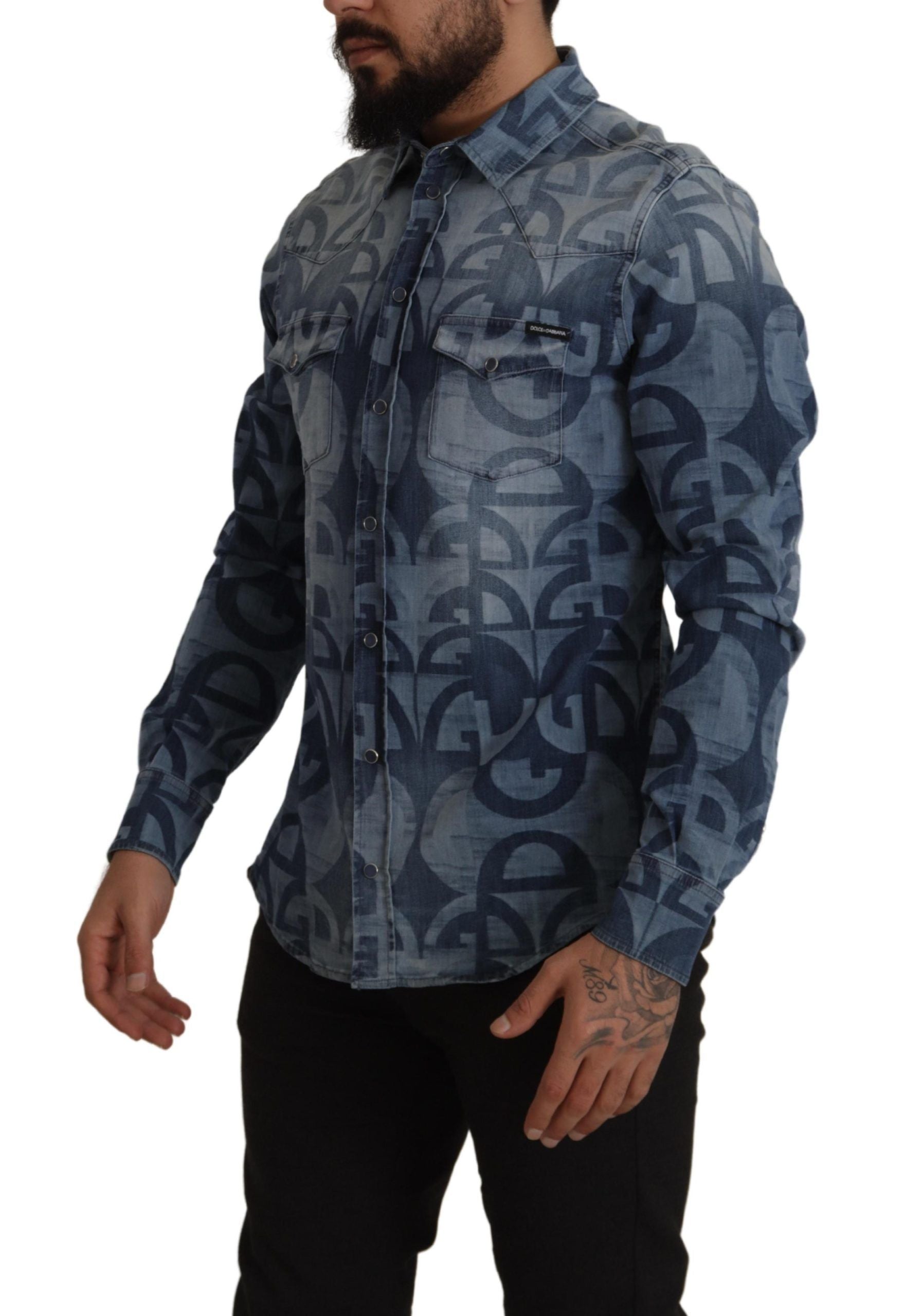 Dolce & Gabbana Blue Denim Stretch DG Logo Casual Mens Slim Shirt | Regal Royce