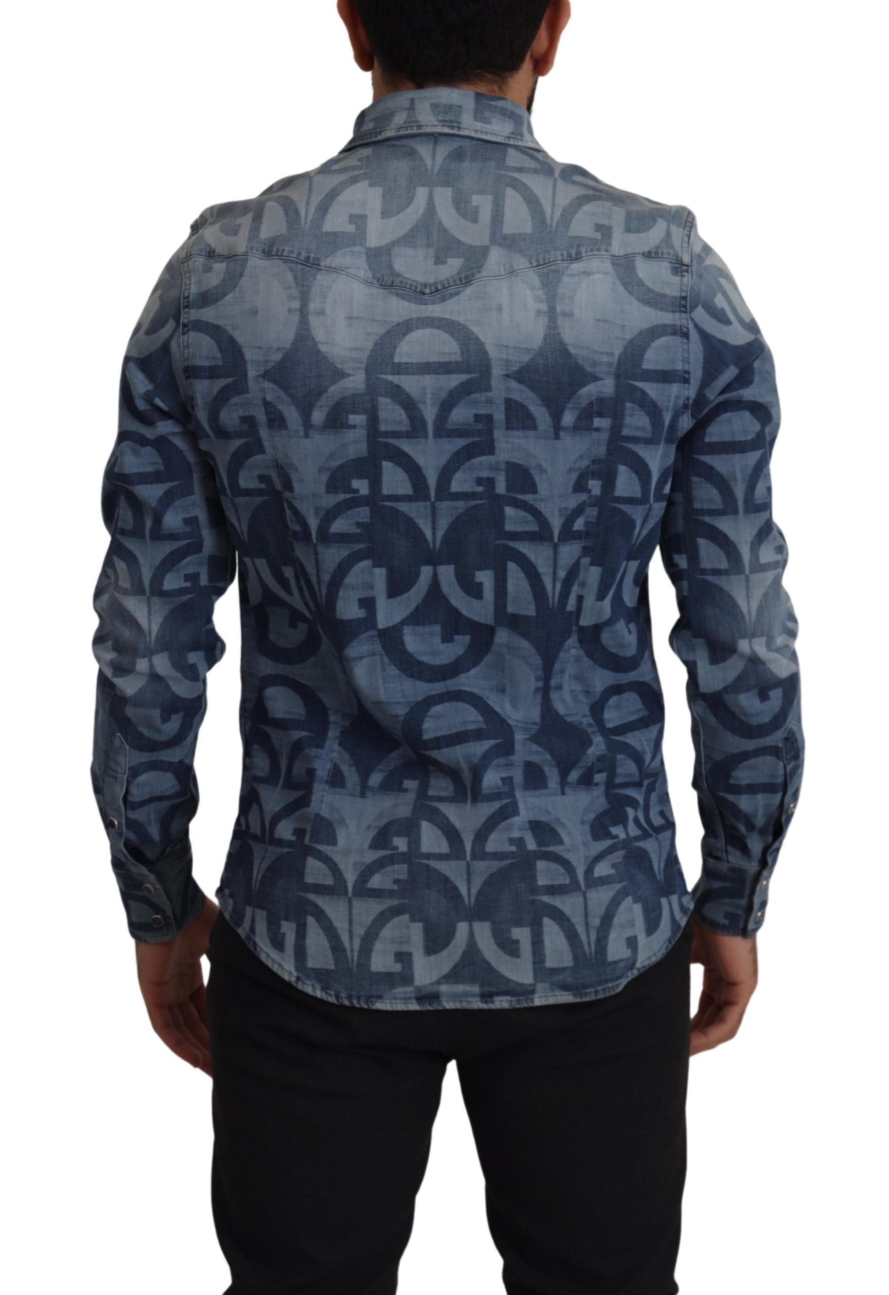 Dolce & Gabbana Blue Denim Stretch DG Logo Casual Mens Slim Shirt | Regal Royce
