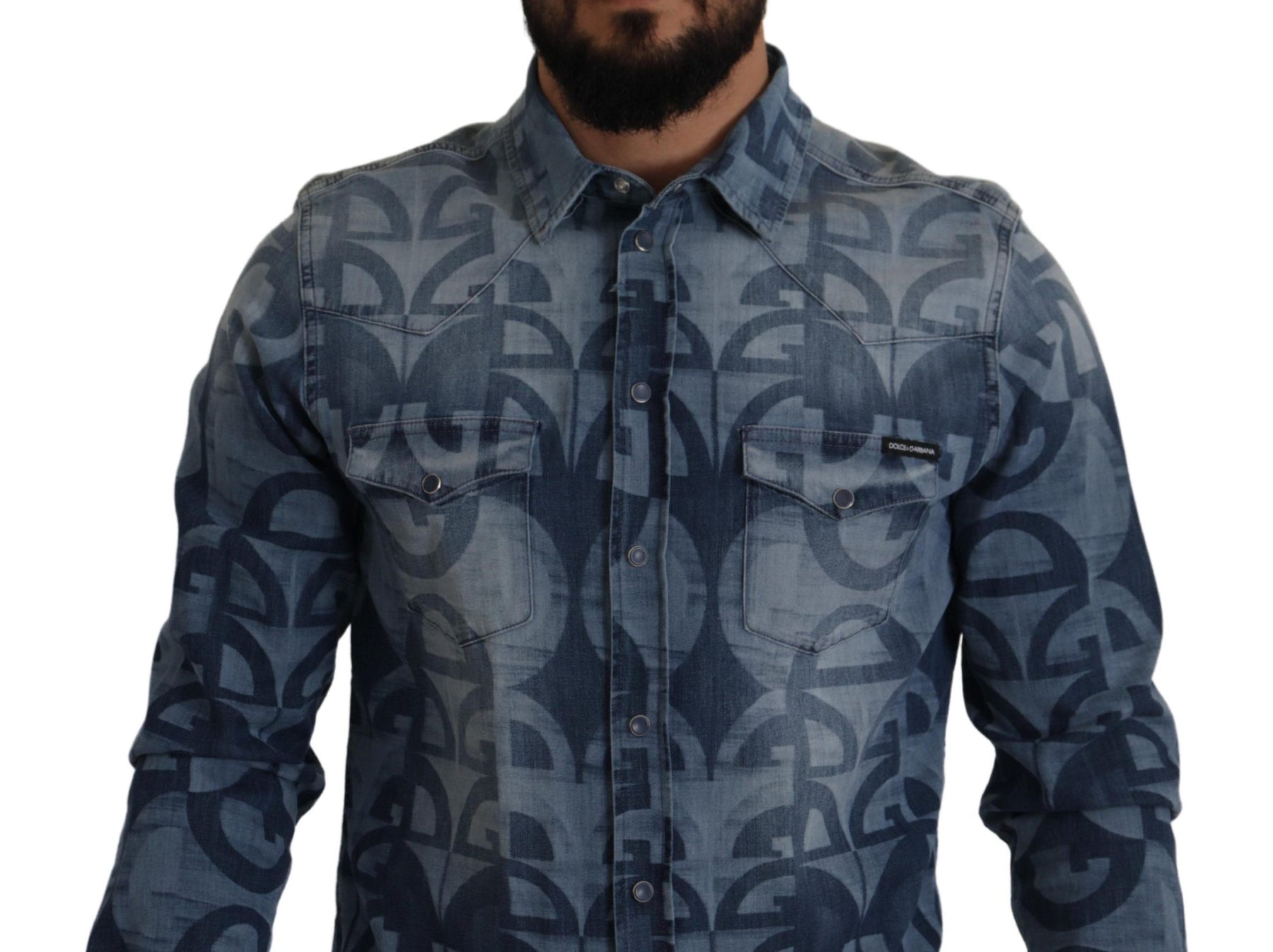 Dolce & Gabbana Blue Denim Stretch DG Logo Casual Mens Slim Shirt | Regal Royce