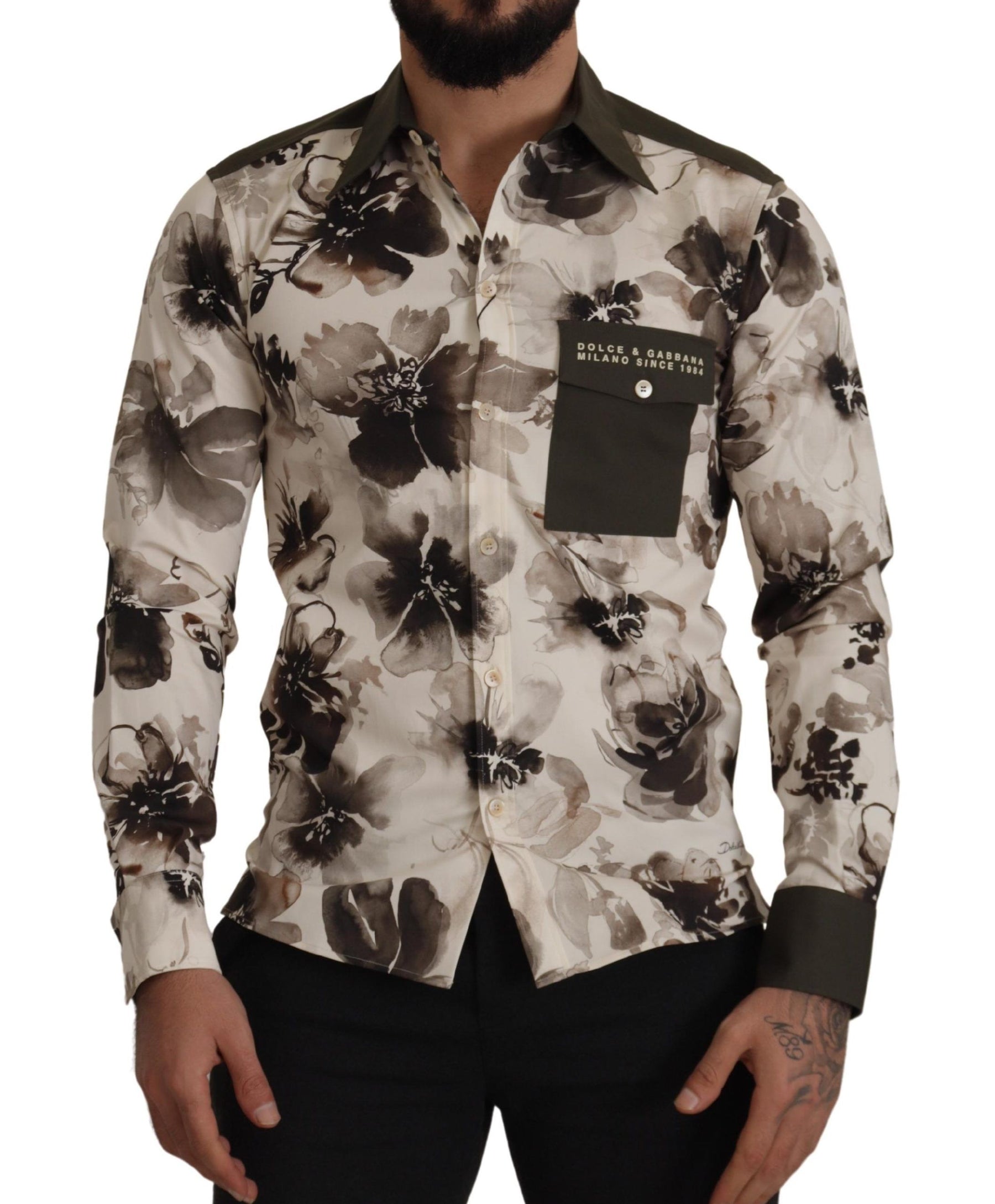 Dolce & Gabbana Green Beige Floral Cotton Stretch Exclusive Shirt | Regal Royce