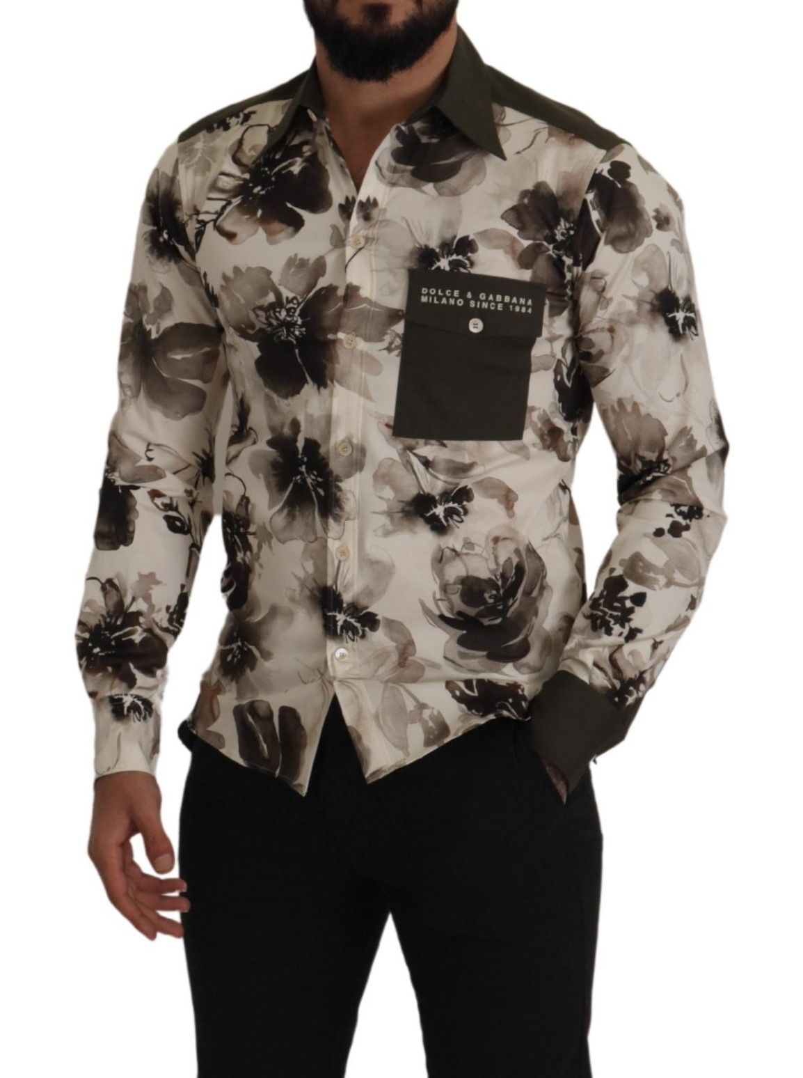 Dolce & Gabbana Green Beige Floral Cotton Stretch Exclusive Shirt | Regal Royce