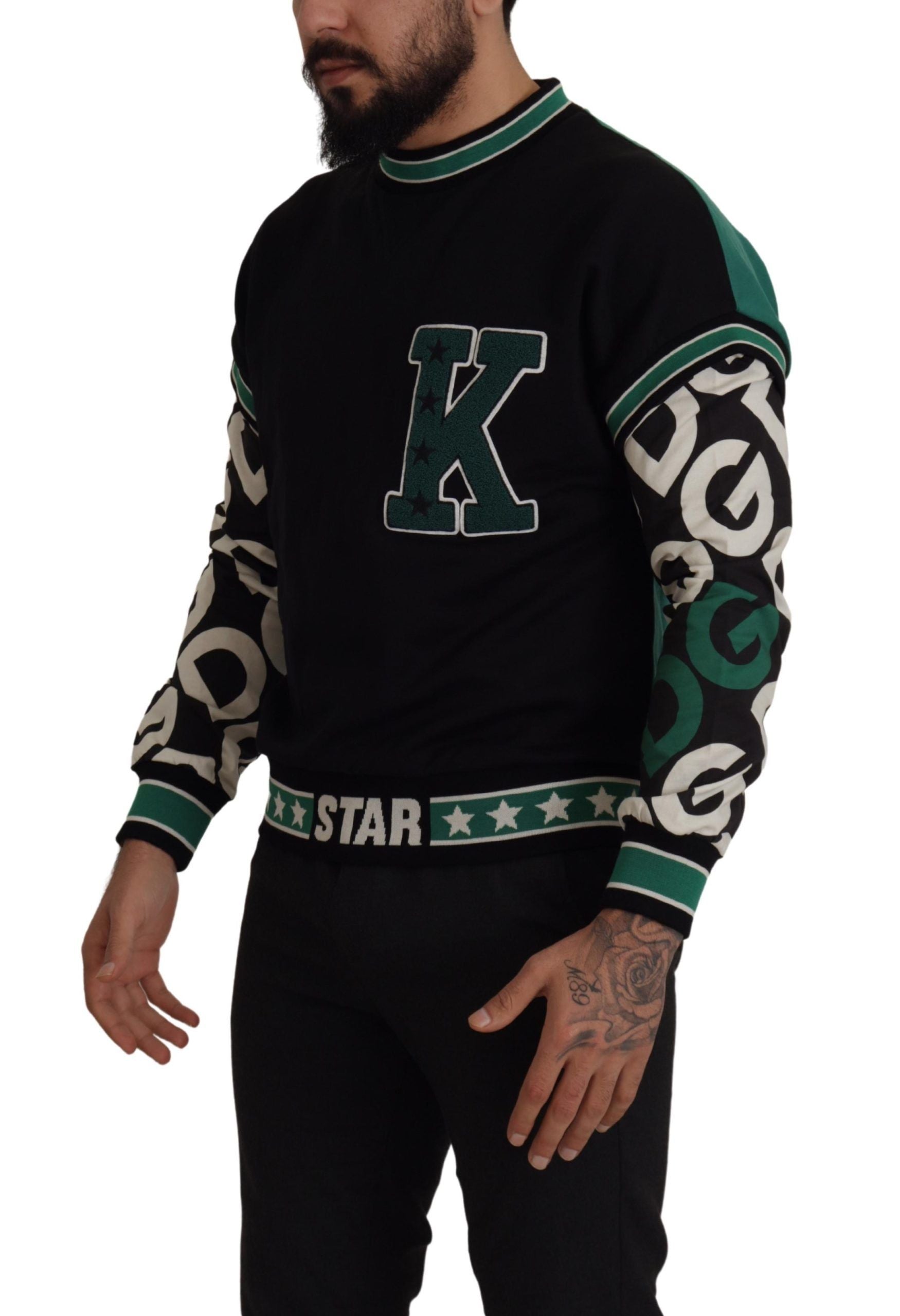 Dolce & Gabbana Black Green Cotton KING Star Crewneck Pullover Sweater | Regal Royce