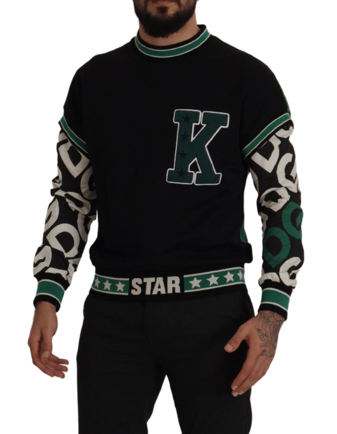 Dolce & Gabbana Black Green Cotton KING Star Crewneck Pullover Sweater | Regal Royce