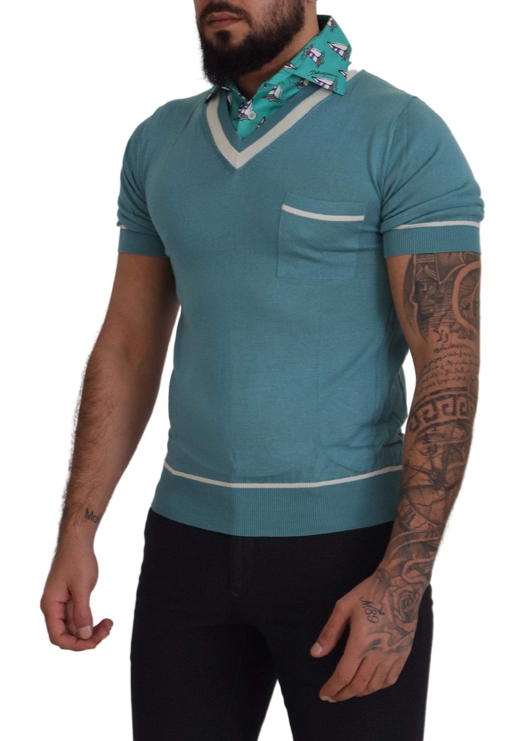 Dolce & Gabbana Blue Silk Polo Top Mens V-neck  T-shirt | Regal Royce