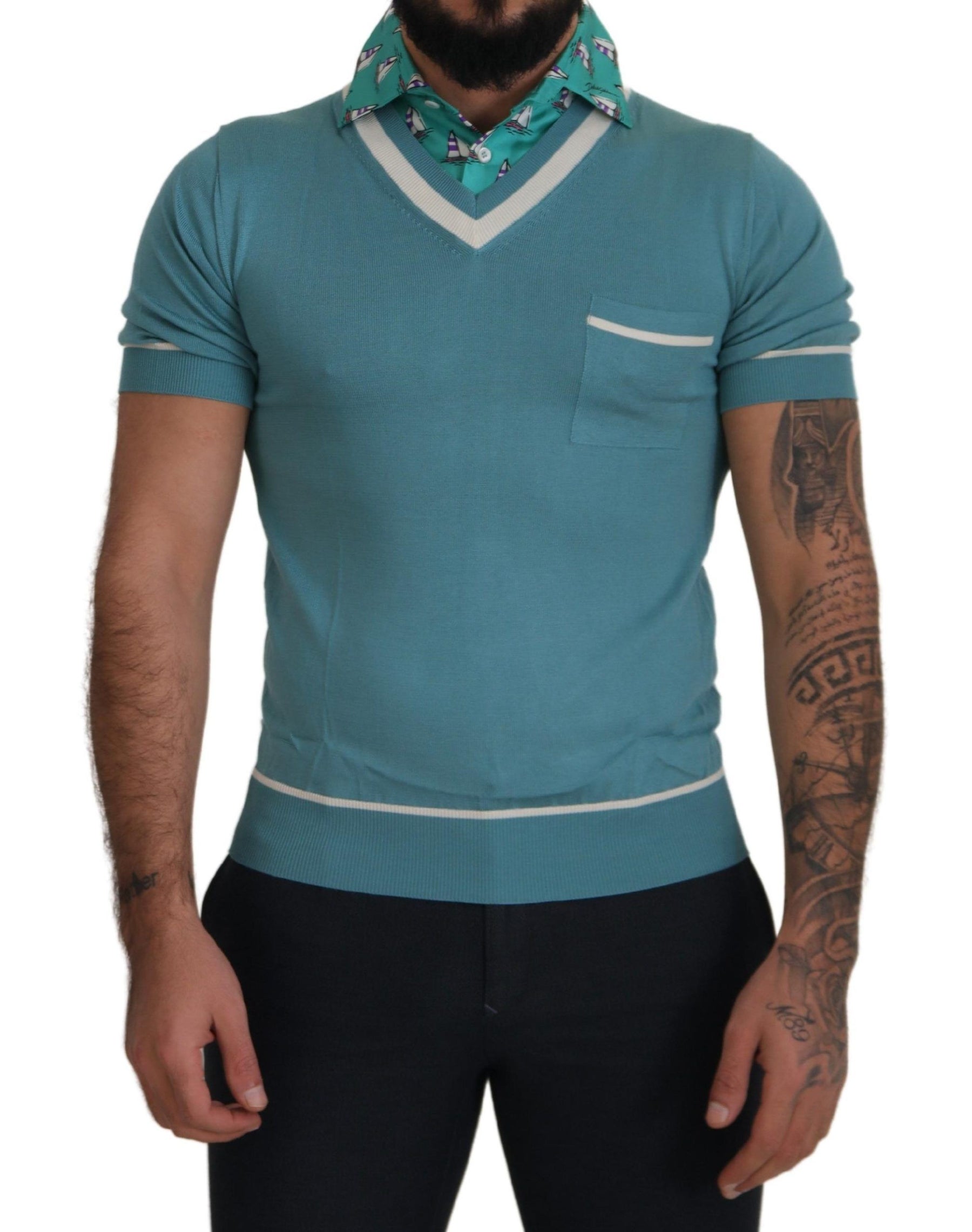 Dolce & Gabbana Blue Silk Polo Top Mens V-neck  T-shirt | Regal Royce