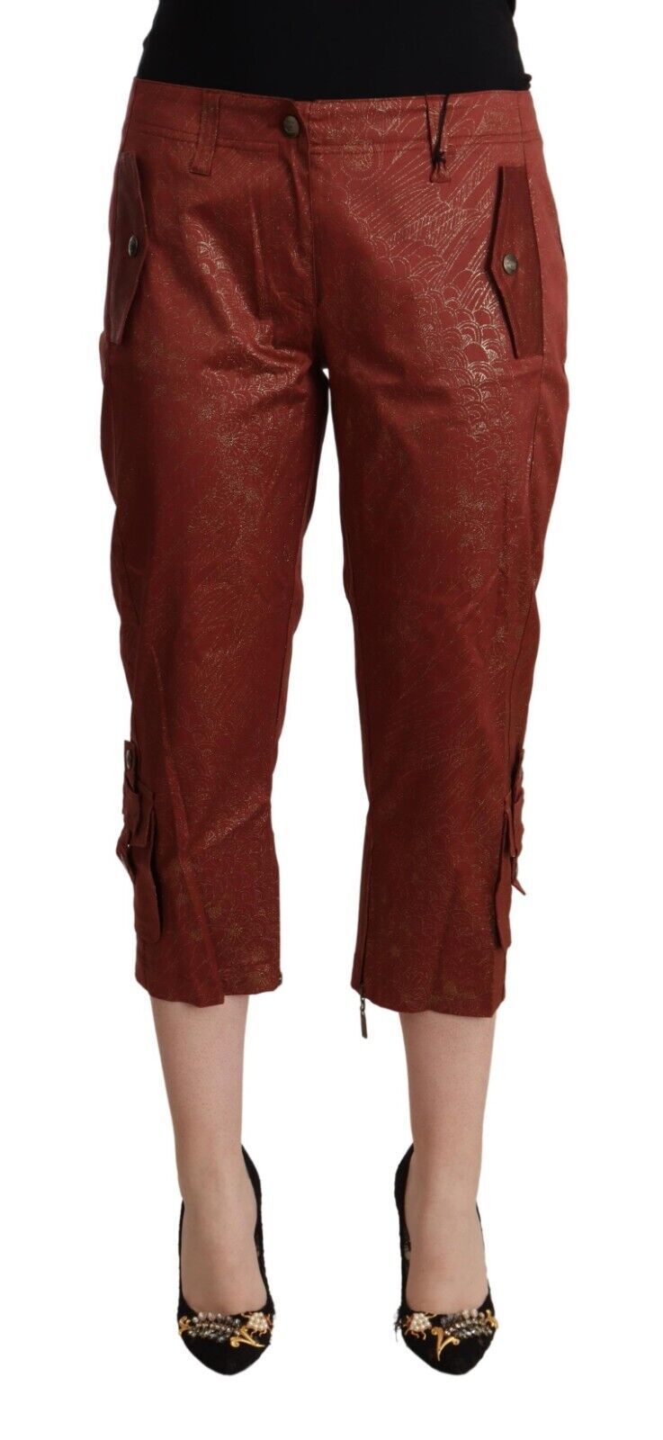 Just Cavalli Brown Lurex Mid Waist Cotton Cropped Capri Pants | Regal Royce